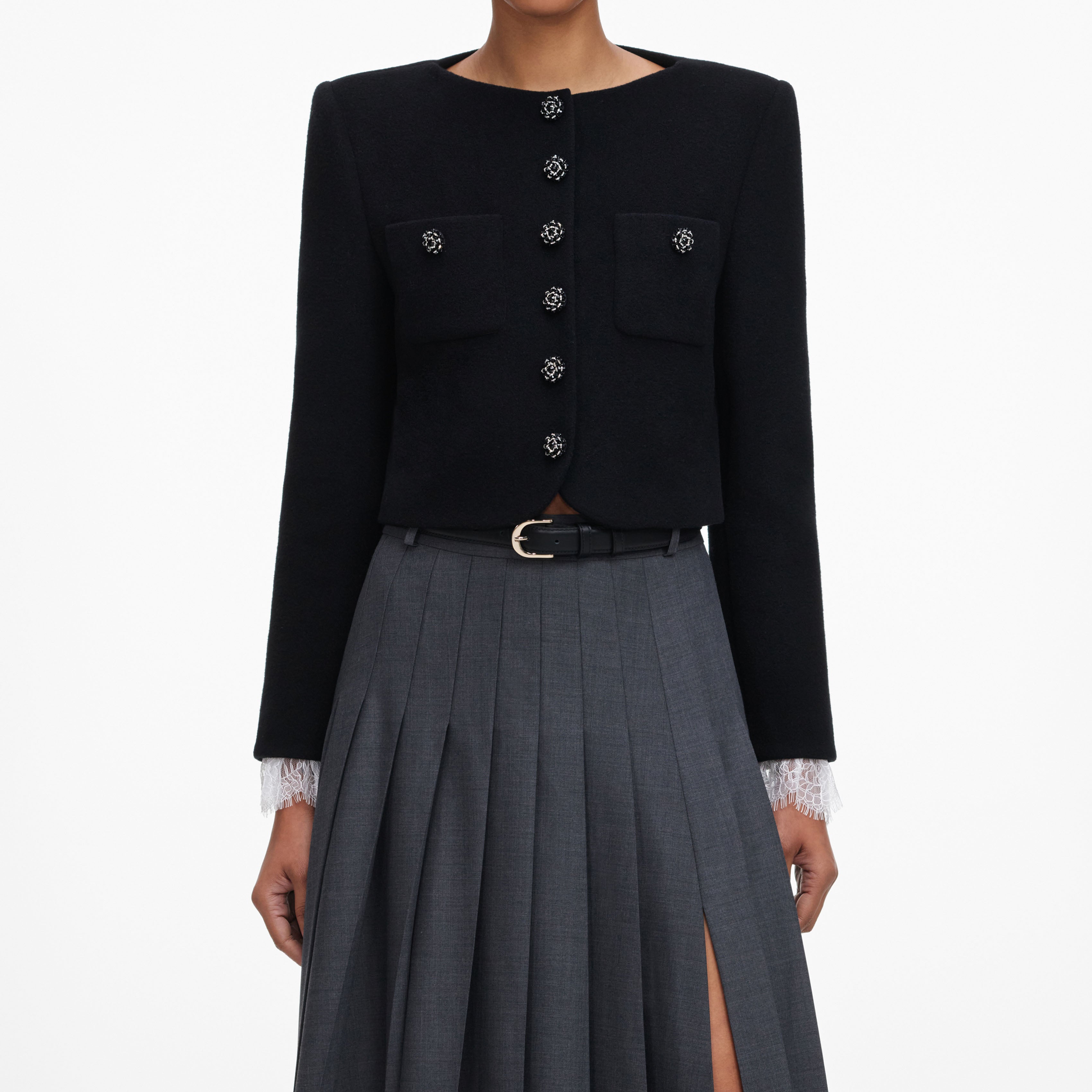 Self Portrait Grey Pleated Maxi Rock Grau Wolle