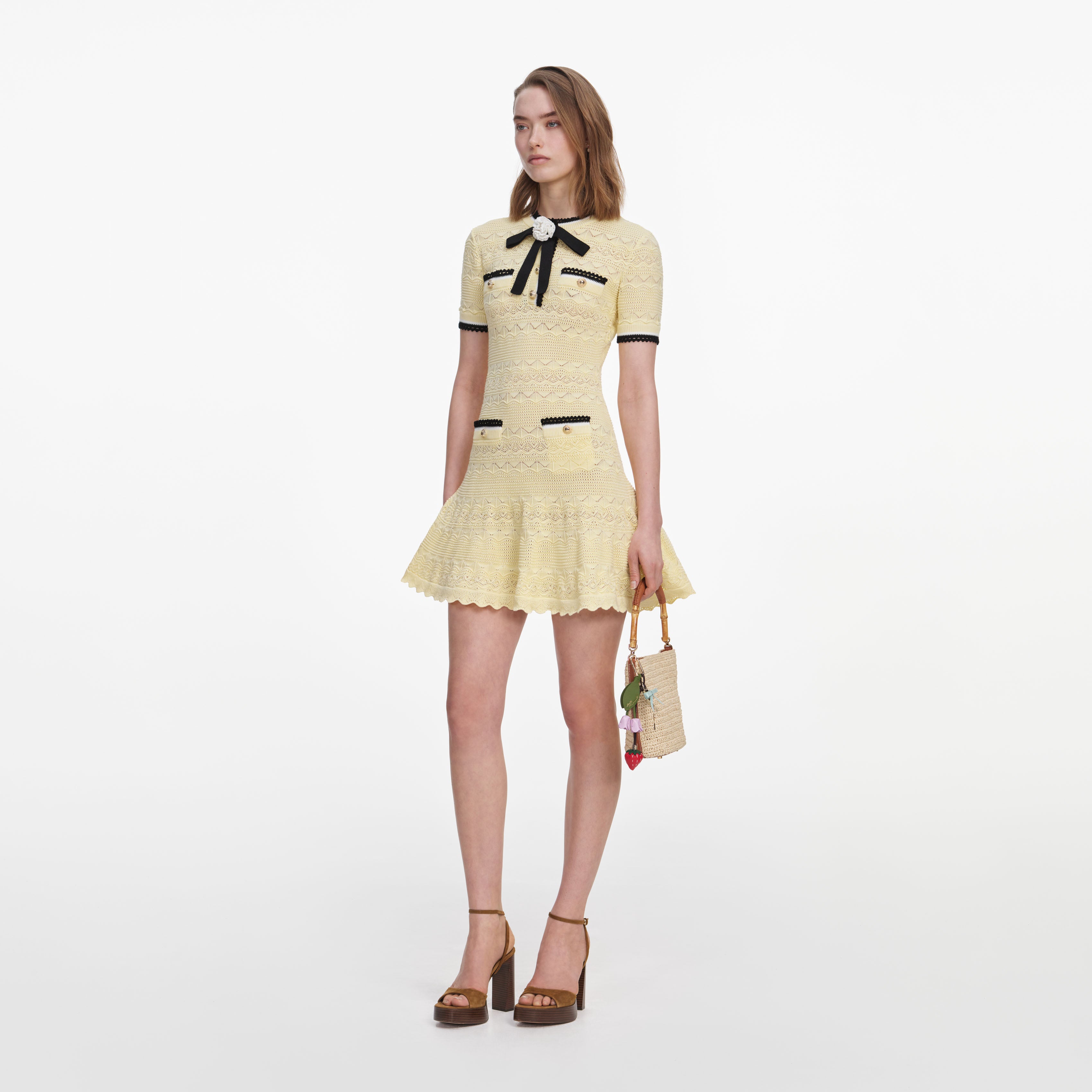 Self Portrait Pointelle Mini Kleid gelb mit Schleife