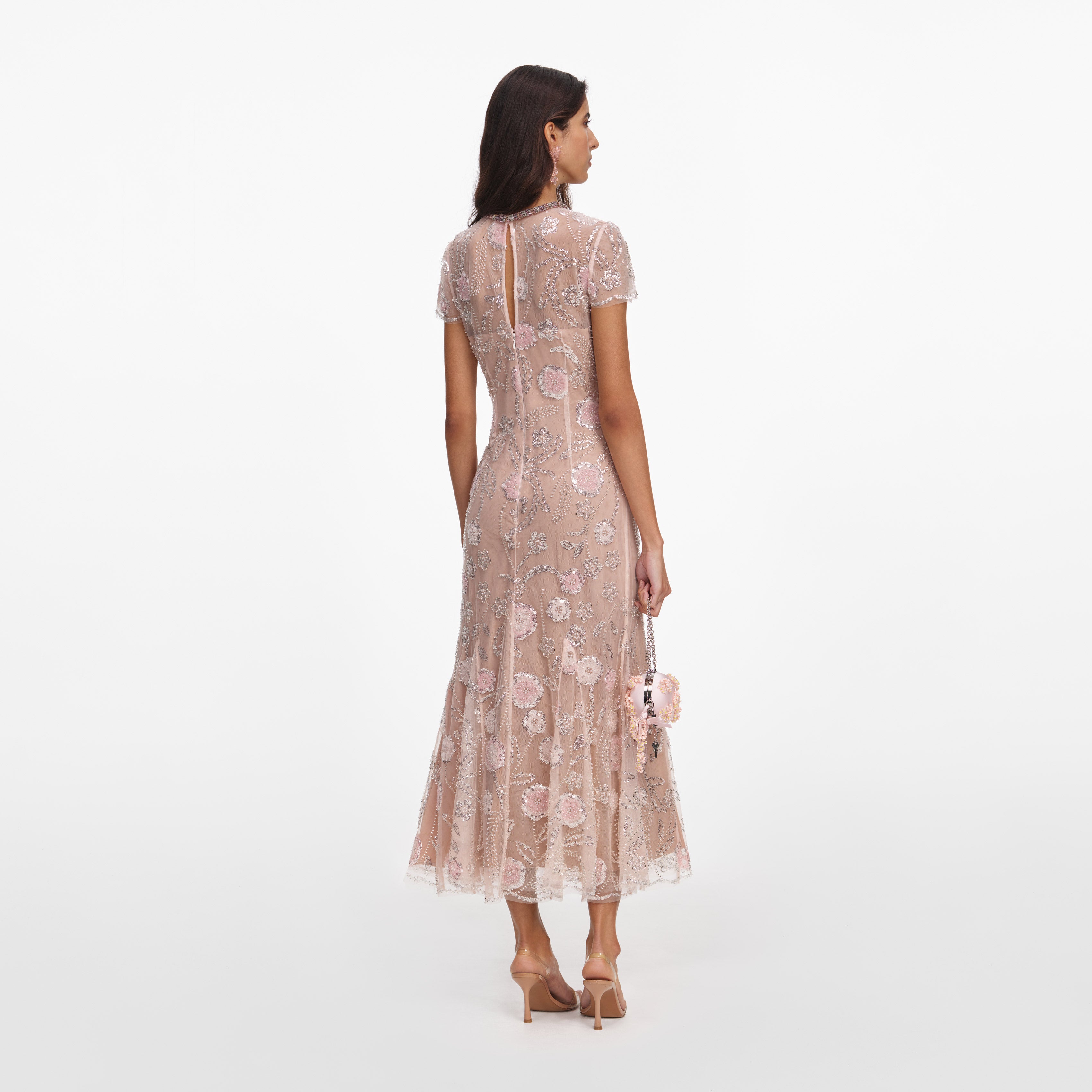 Self Portrait Pink Flower Sequin Midi Kleid Rosa Pailletten