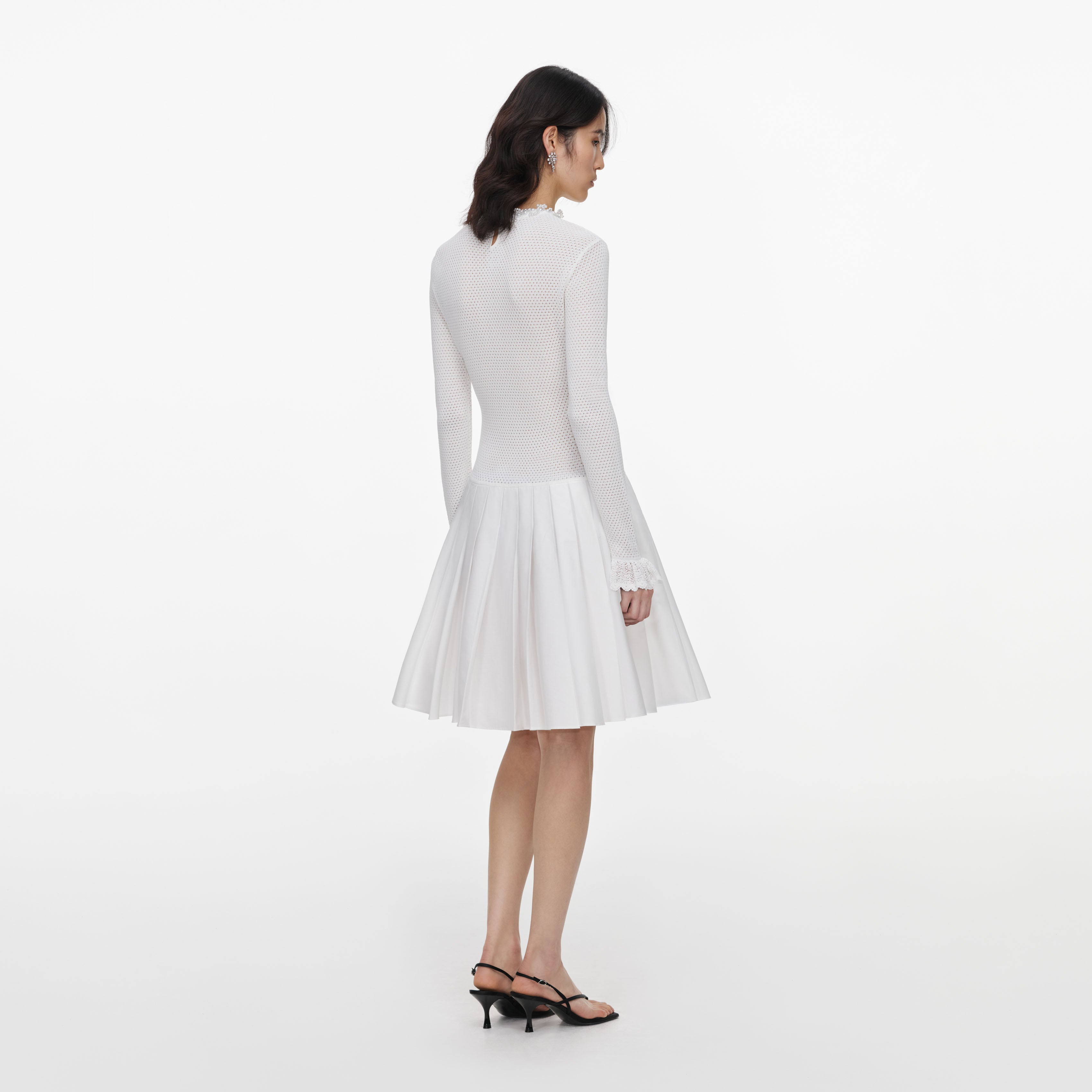 Self Portrait Knit Pleated Mini Kleid Weiß Perlen