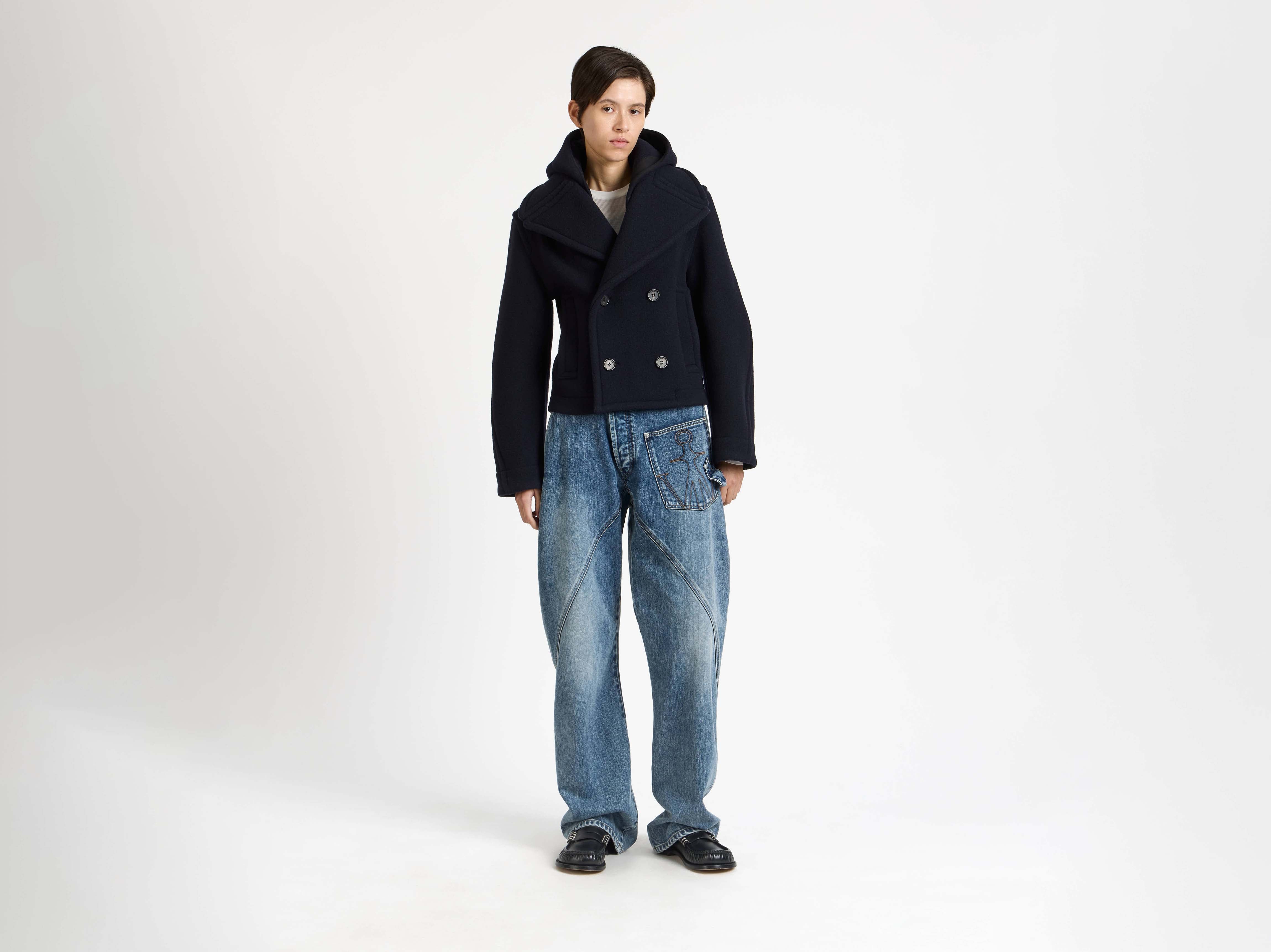 J.W. Anderson Cropped Hooded Coat Mantel Navy Wolle