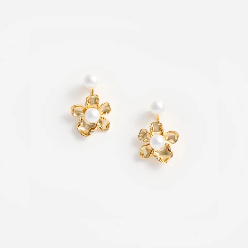 Self Portrait Gold Flower Pearl Ohrringe Gold Creme