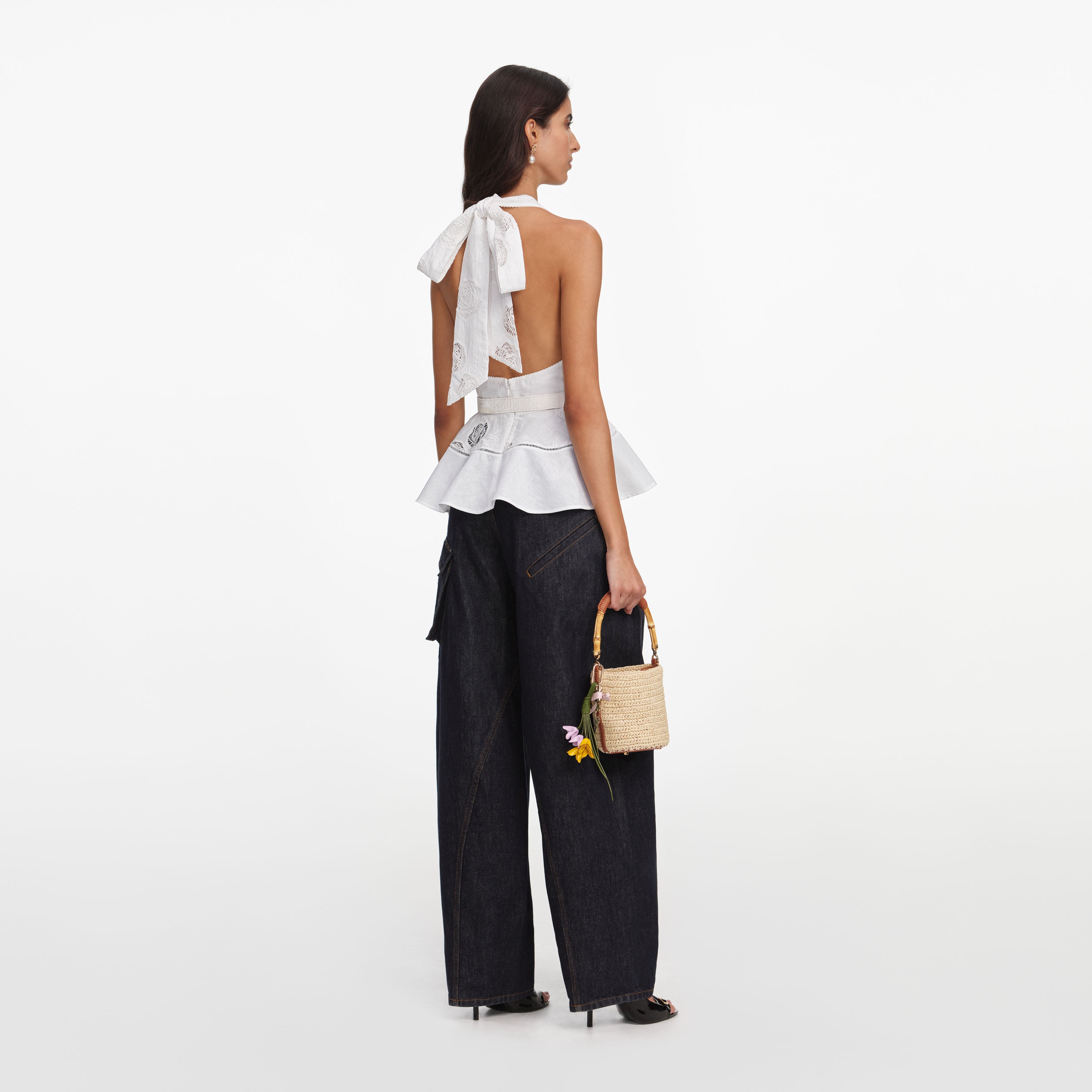 Self Portrait White Linen Peplum Top Bluse Weiß Leinen