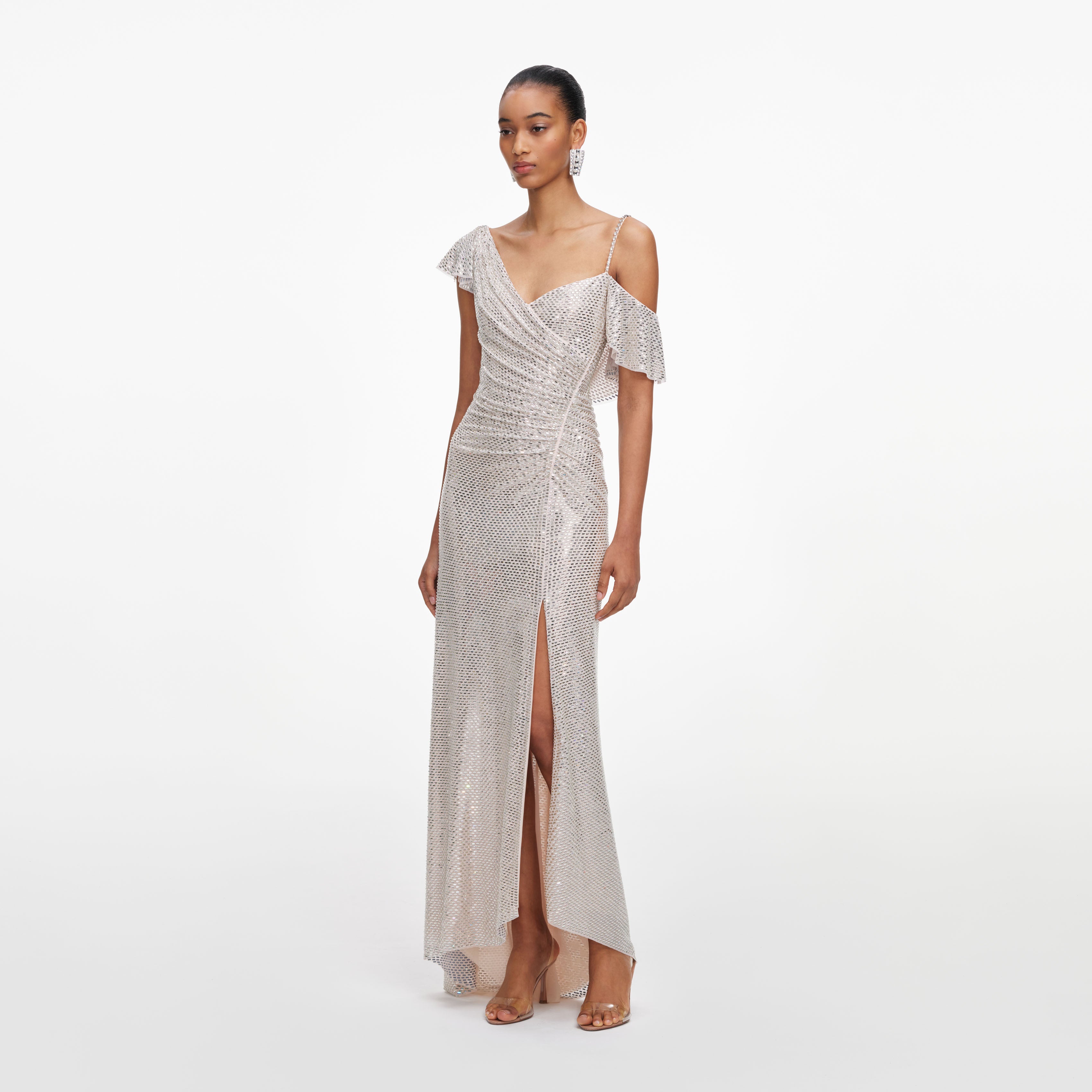 Self Portrait Champagne Rhinestone Ruffle Maxikleid champagne