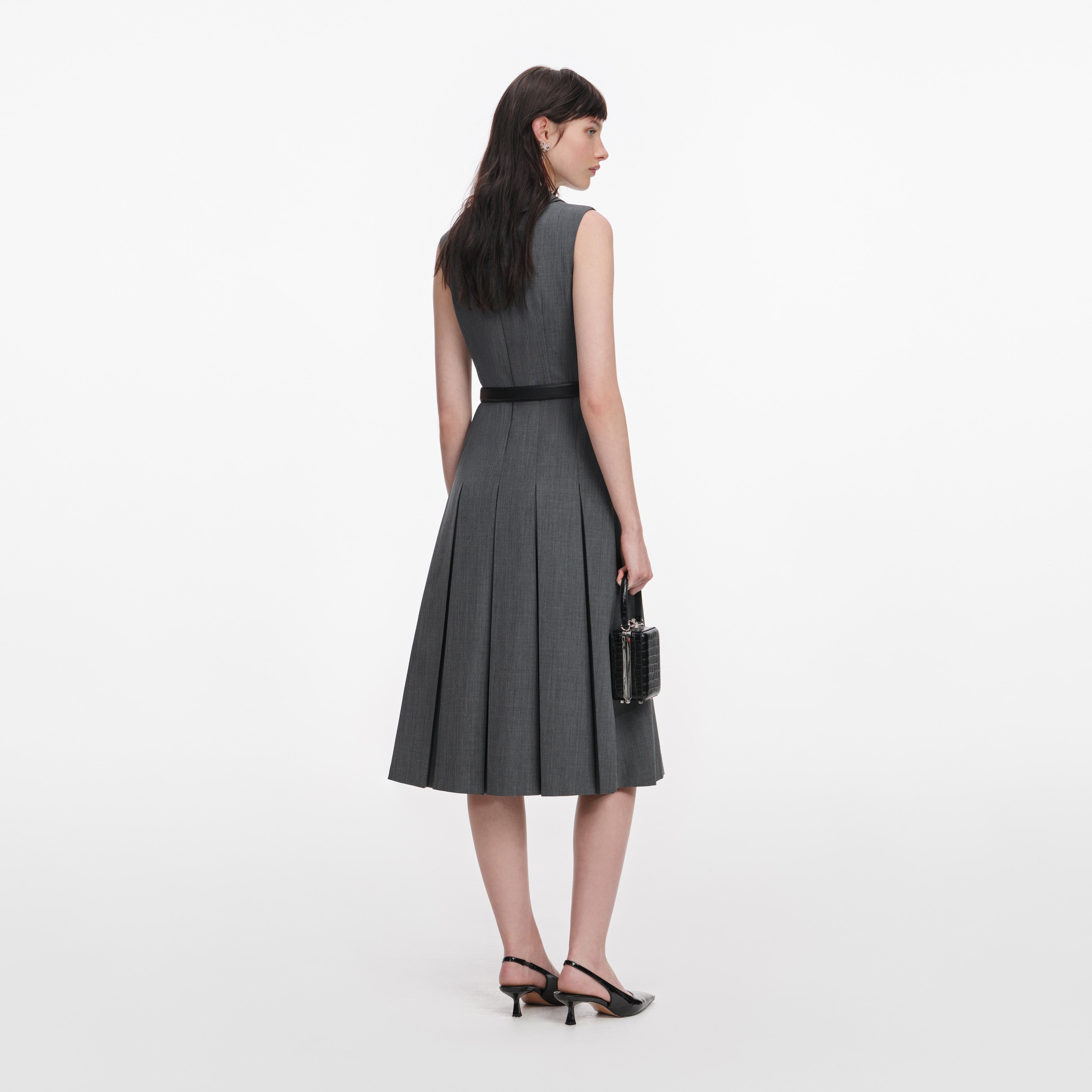 Self Portrait Grey Tailored Pleated Midi Kleid Grau Wolle