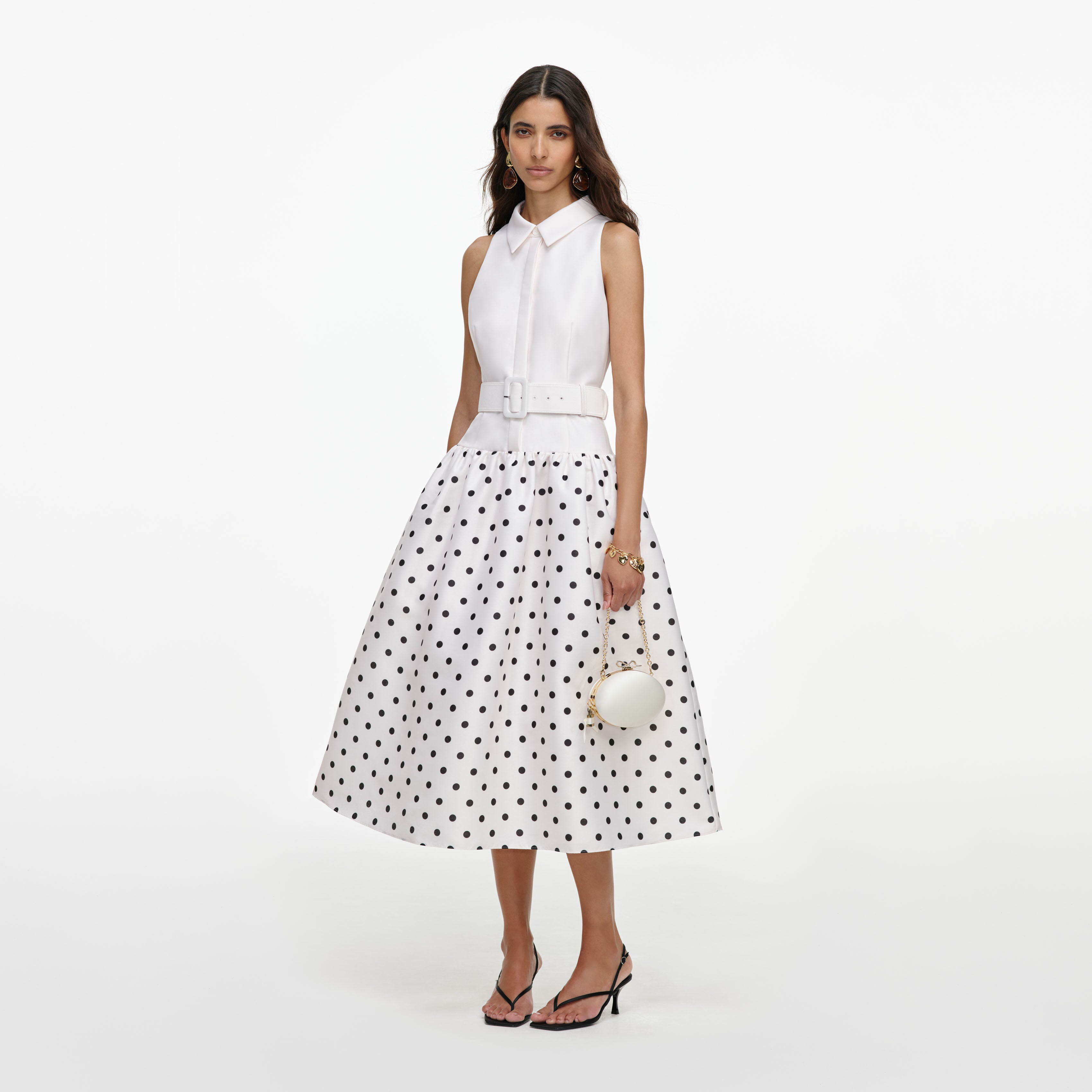 Self Portrait Midi Kleid Weiß Punkte Ärmellos UK 8