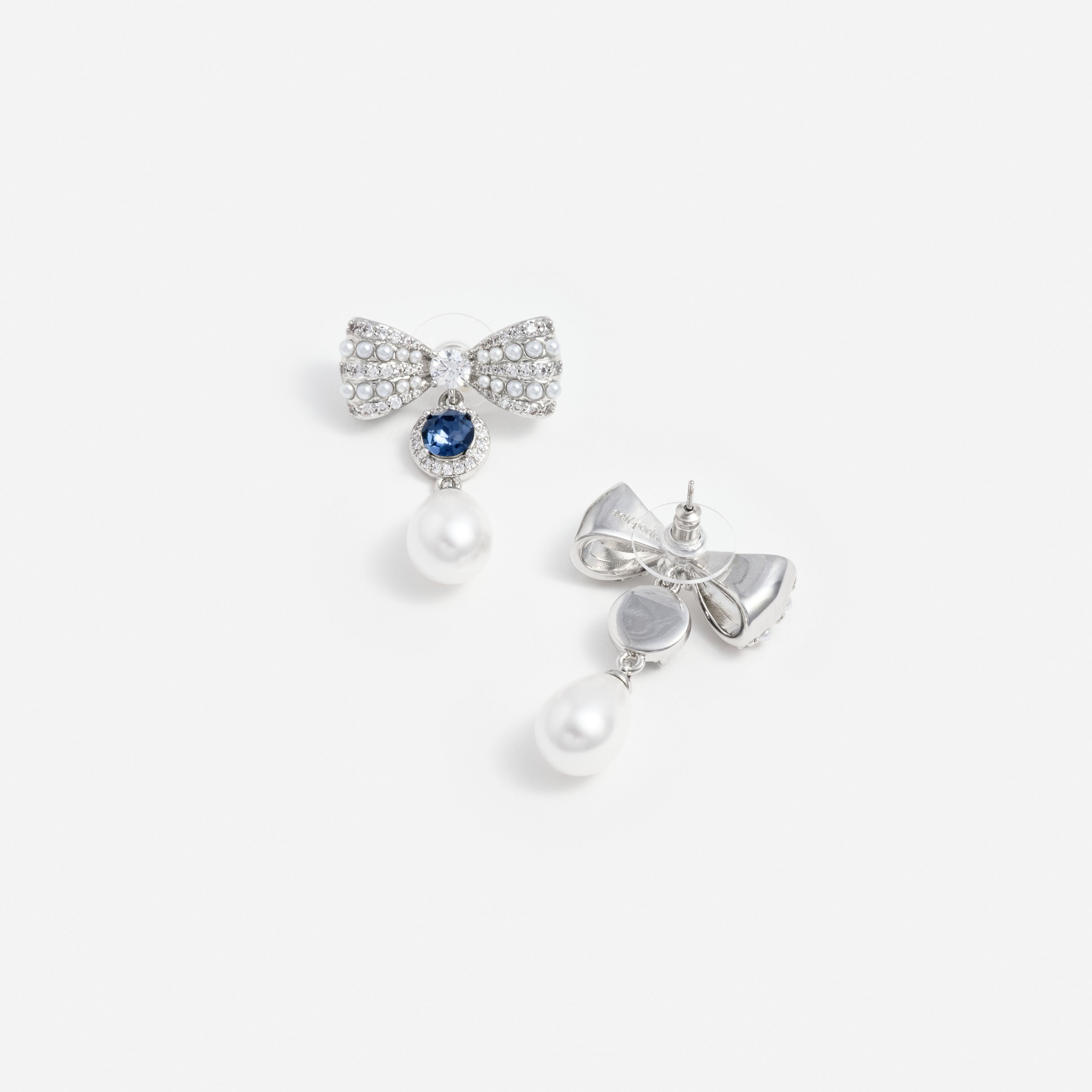 Self Portrait Silver Crystal Bow Blue Pearl Droplet Earrings Ohrringe One Size