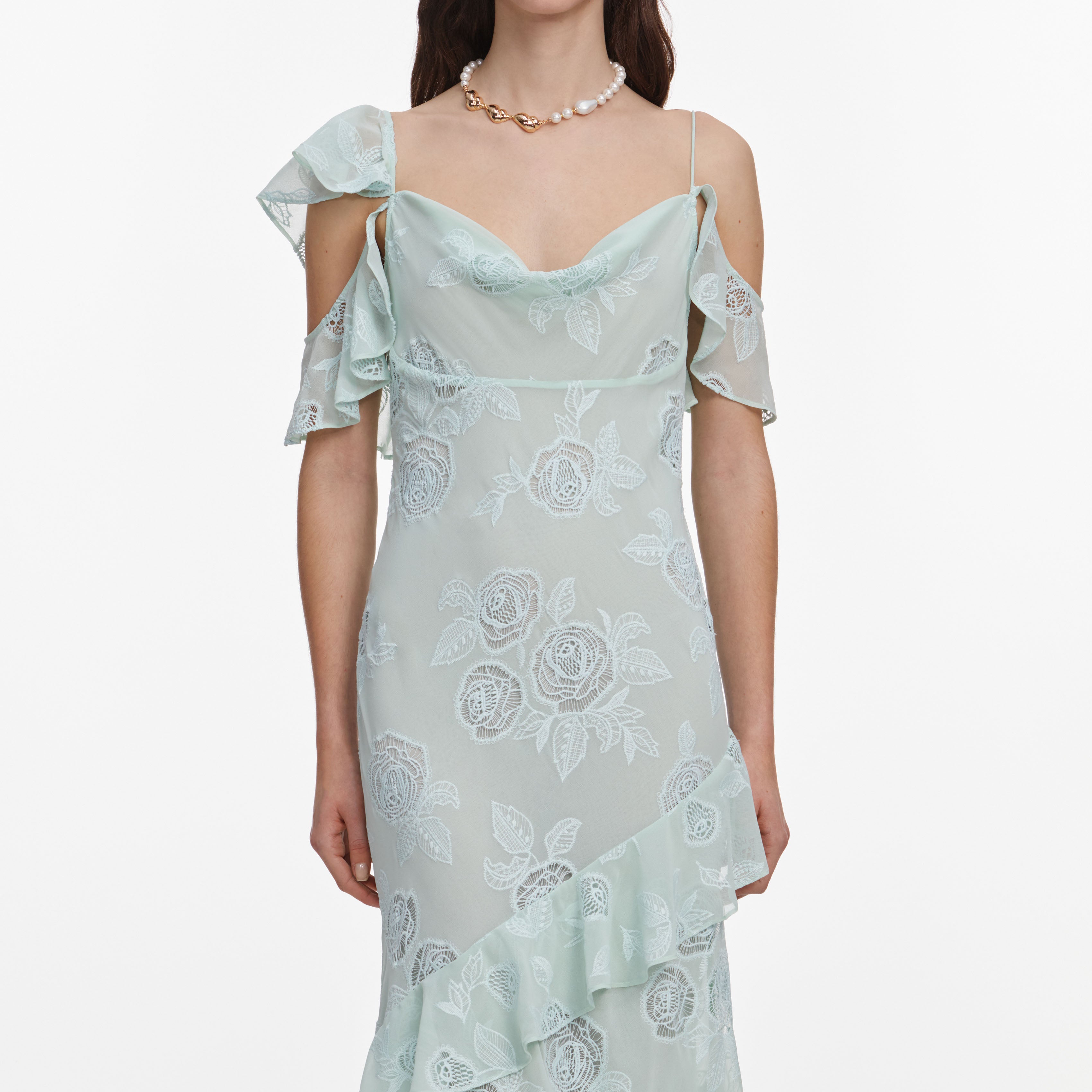 Self Portrait Mint Georgette Maxikleid One-Shoulder