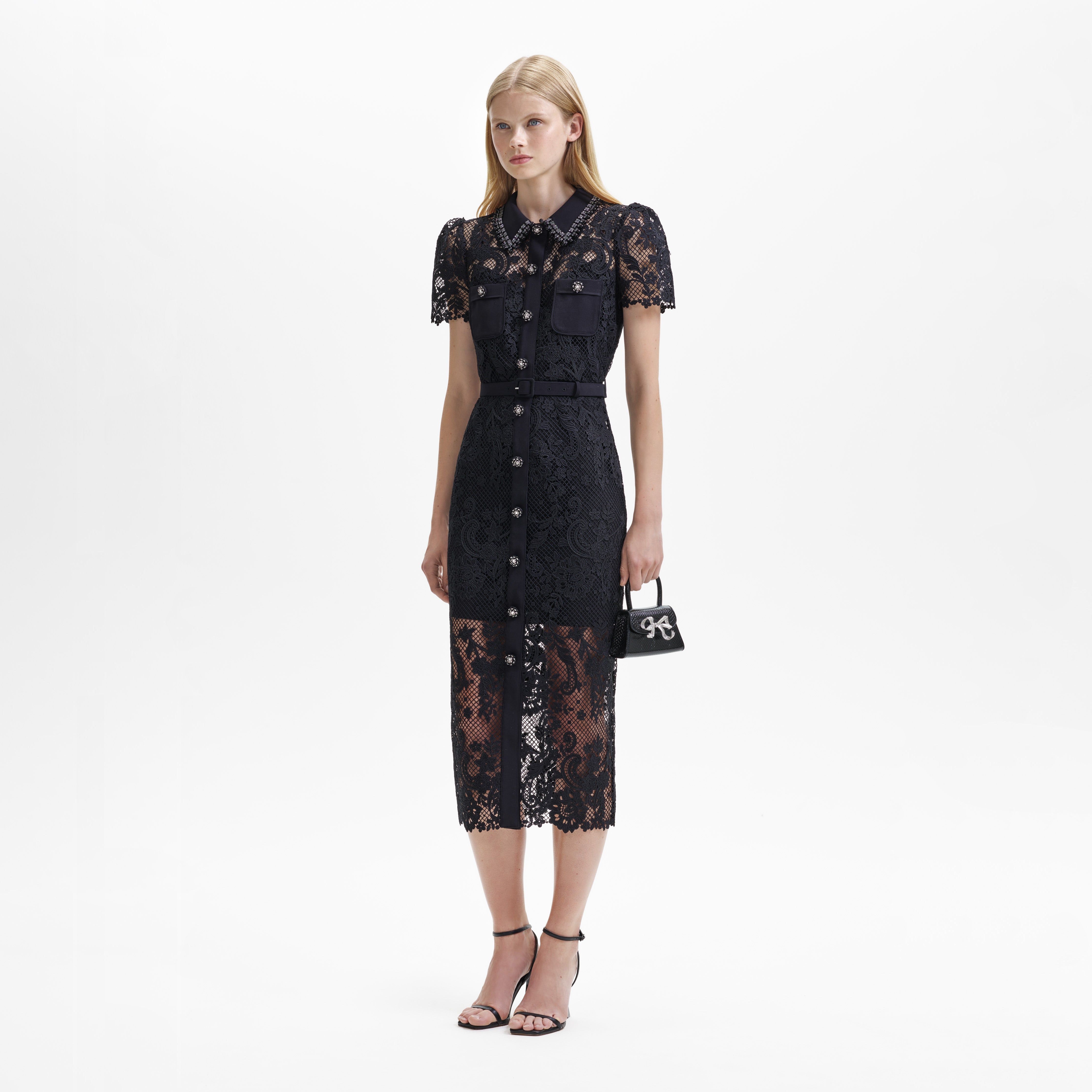 Self Portrait Lace Midi Kleid Schwarz Spitze Knöpfe
