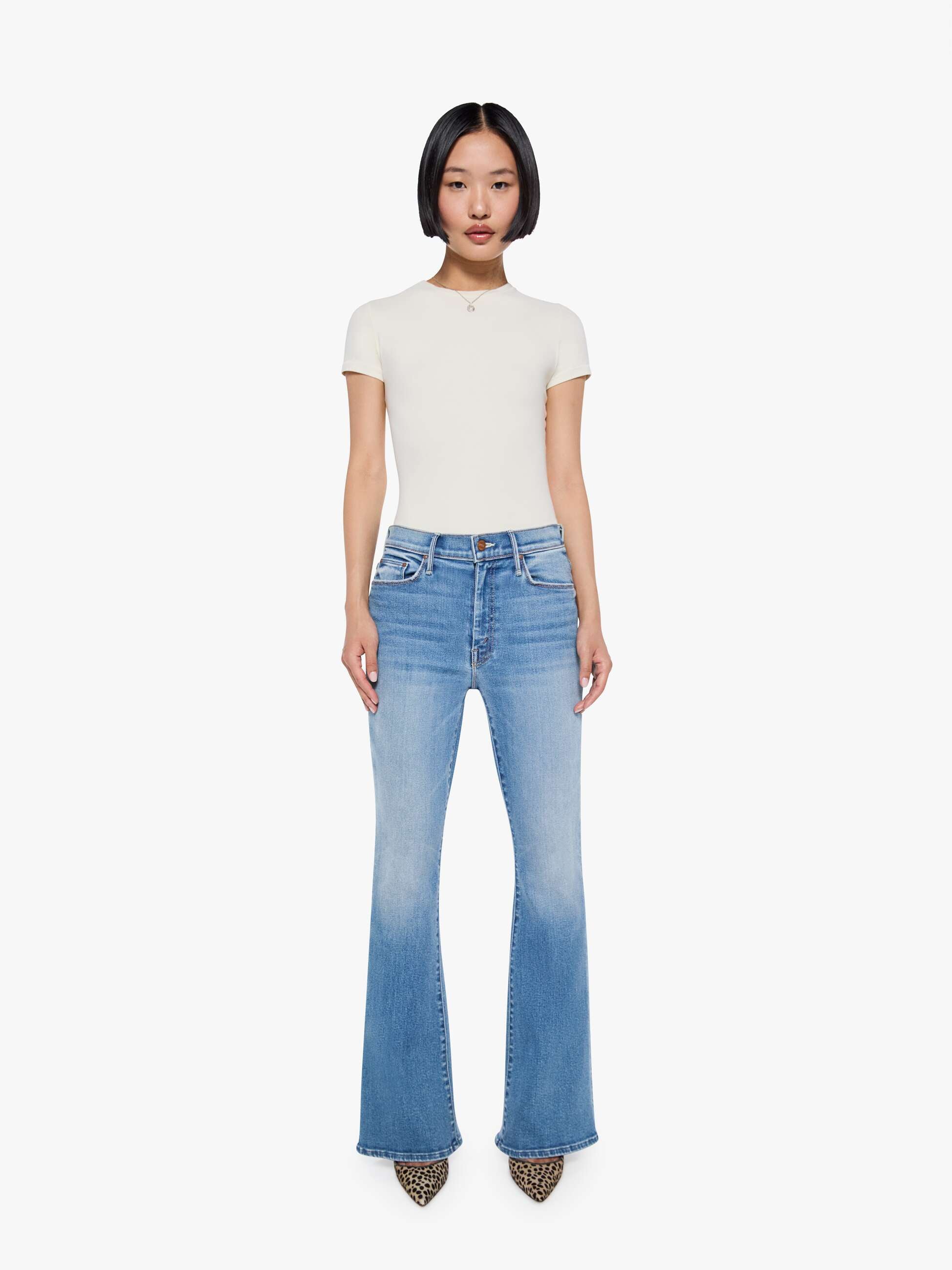 Mother Lil Weekender Layover Jeans Mittelblau Flare Petite