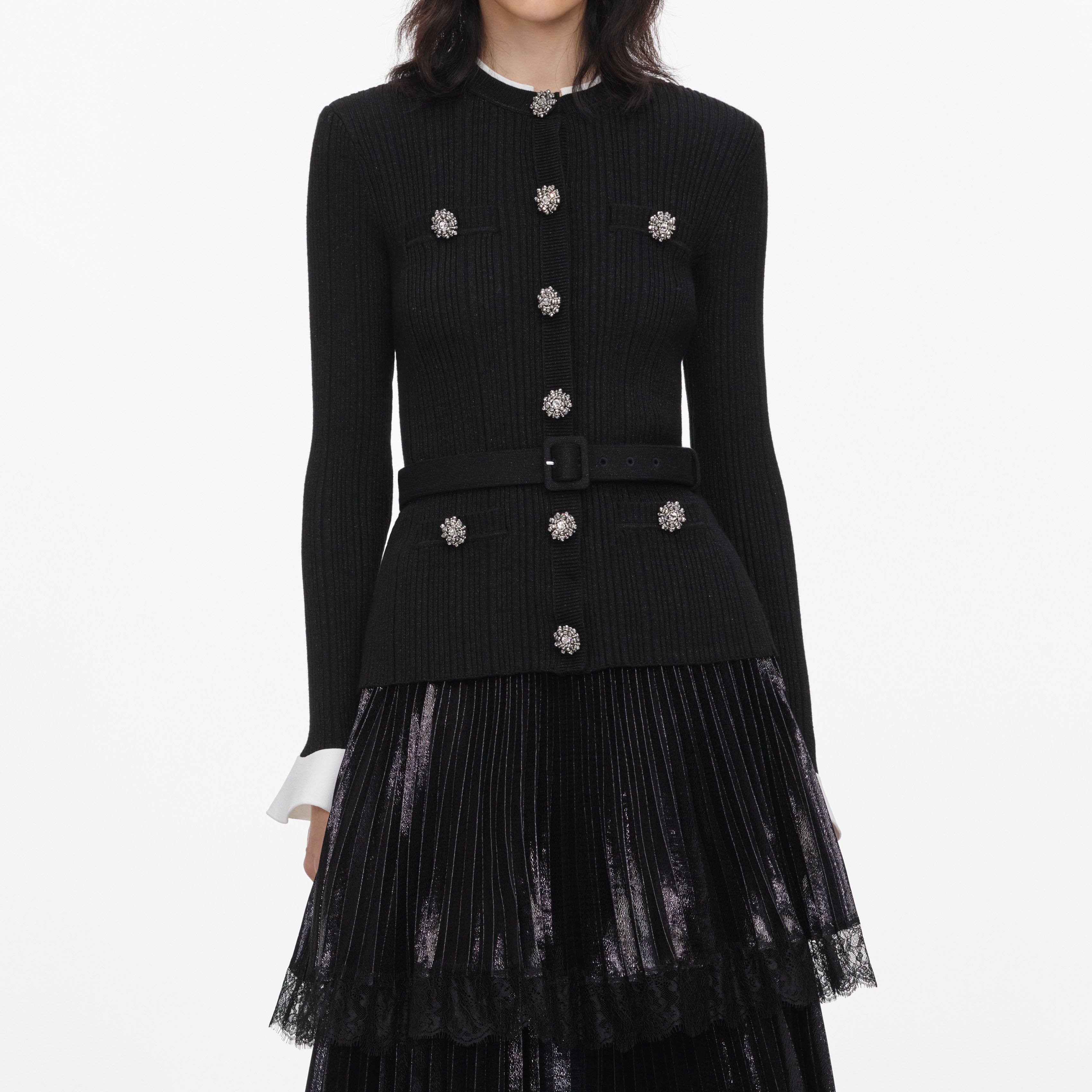 Self Portrait Black Knit Chiffon Midi Dress Schwarz