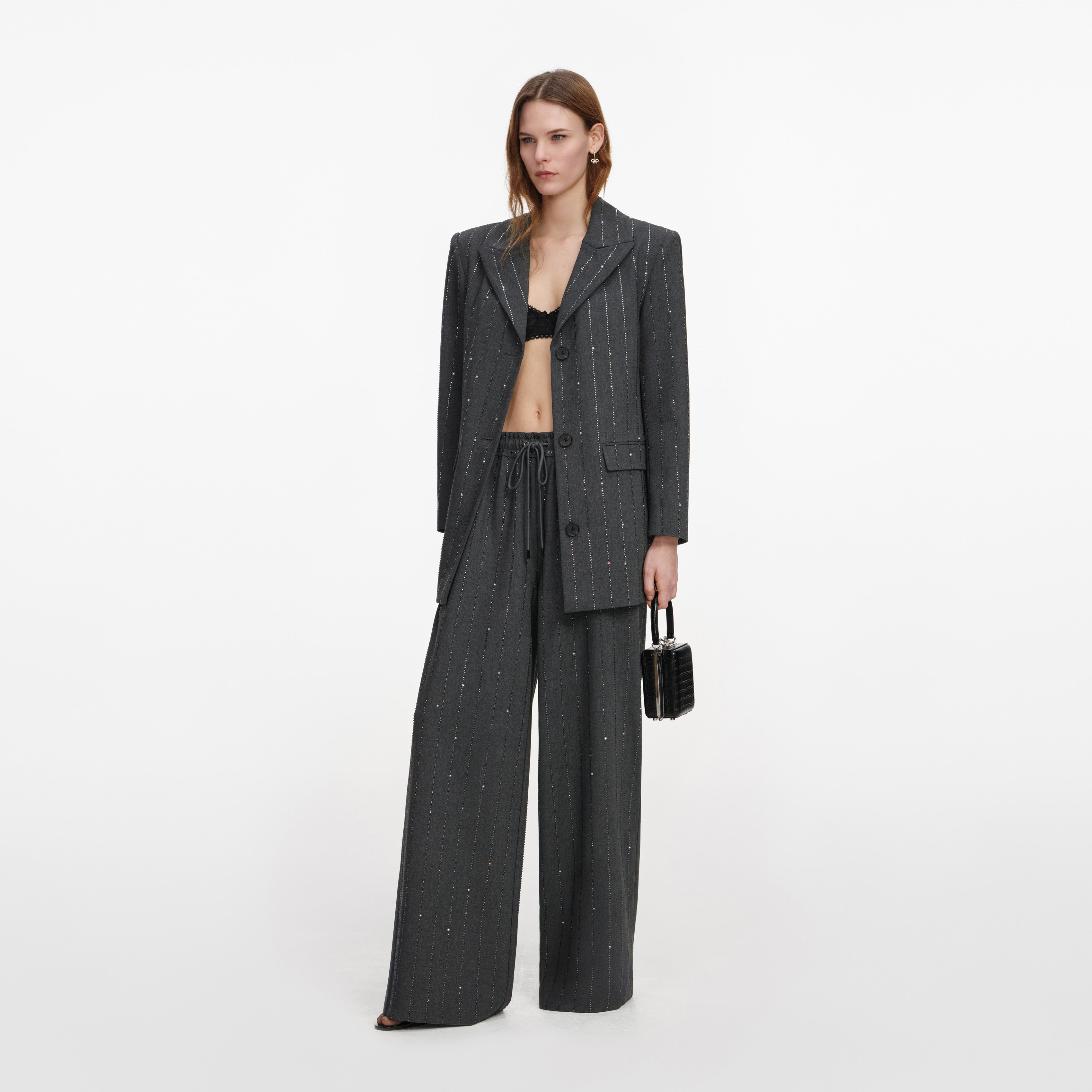 Self Portrait Grey Rhinestone Pinstripe Hose Grau Wolle