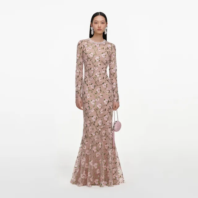 Self Portrait Sequin Maxikleid Pink Floral Pailletten