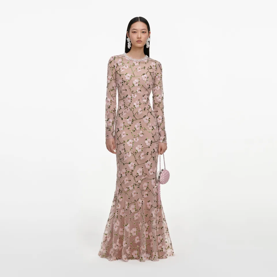 Self Portrait Sequin Maxikleid Pink Floral Pailletten