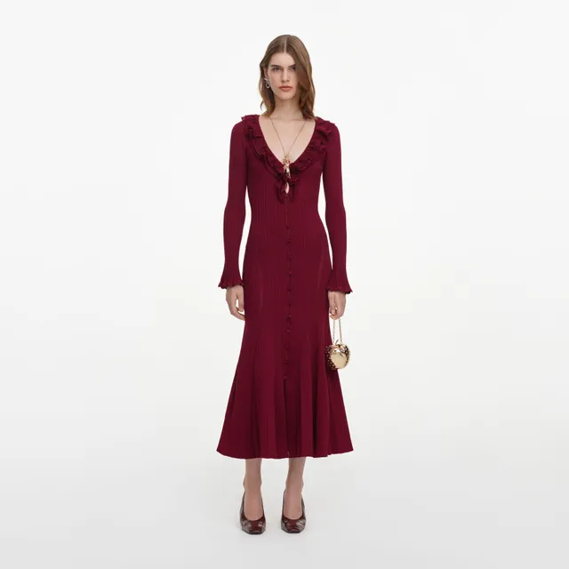Self Portrait Burgundy Ruffle Knit Midi Dress Midikleid M