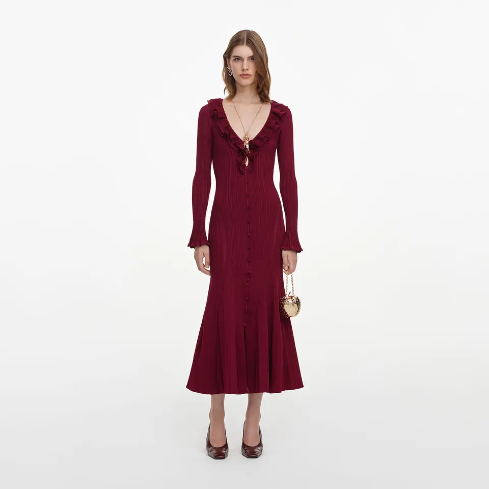 Self Portrait Burgundy Ruffle Knit Midi Dress Midikleid M