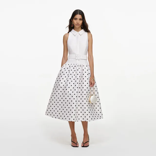 Self Portrait Midi Kleid Weiß Punkte Ärmellos UK 8