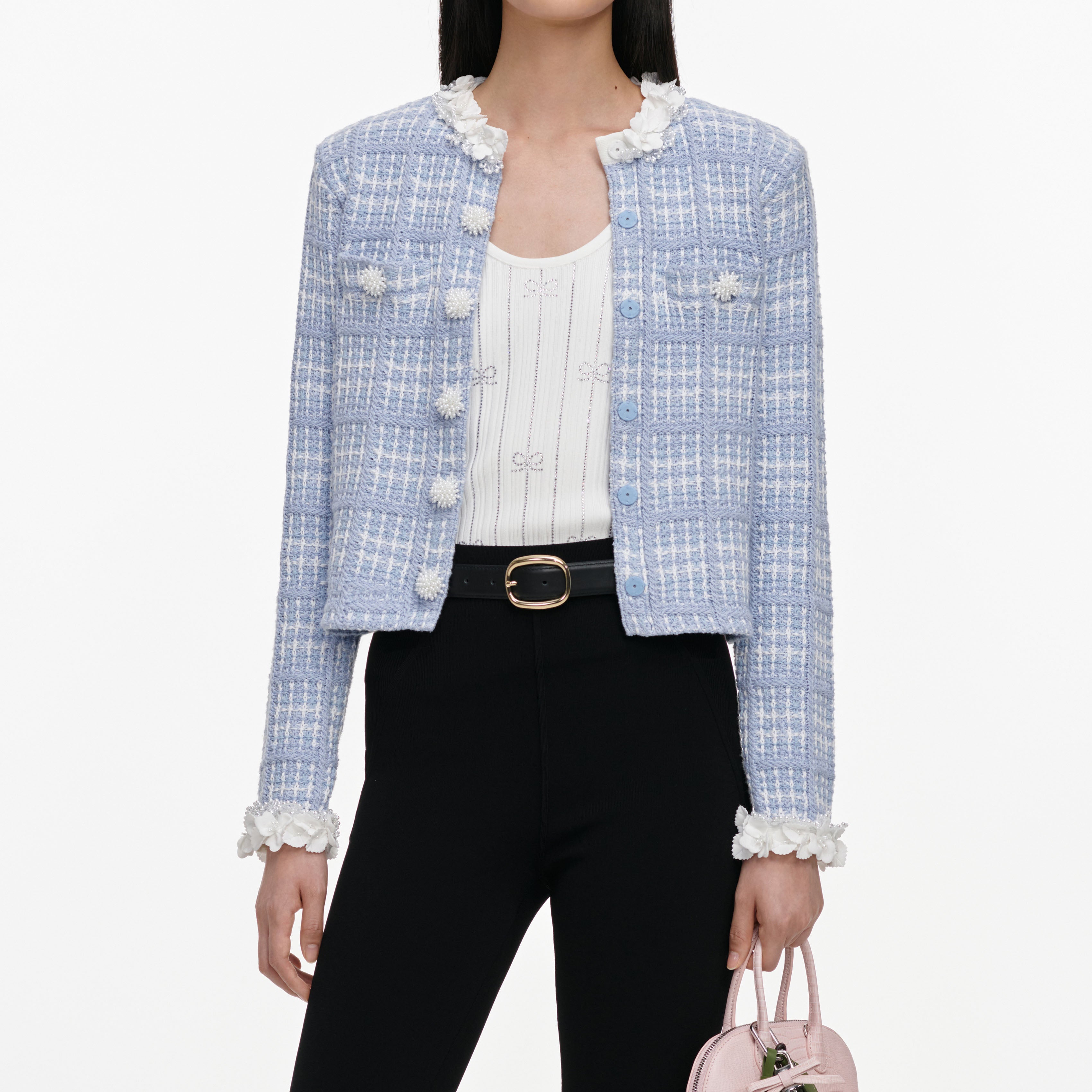 Self Portrait Blue Check Knit Beaded Strickjacke Blau
