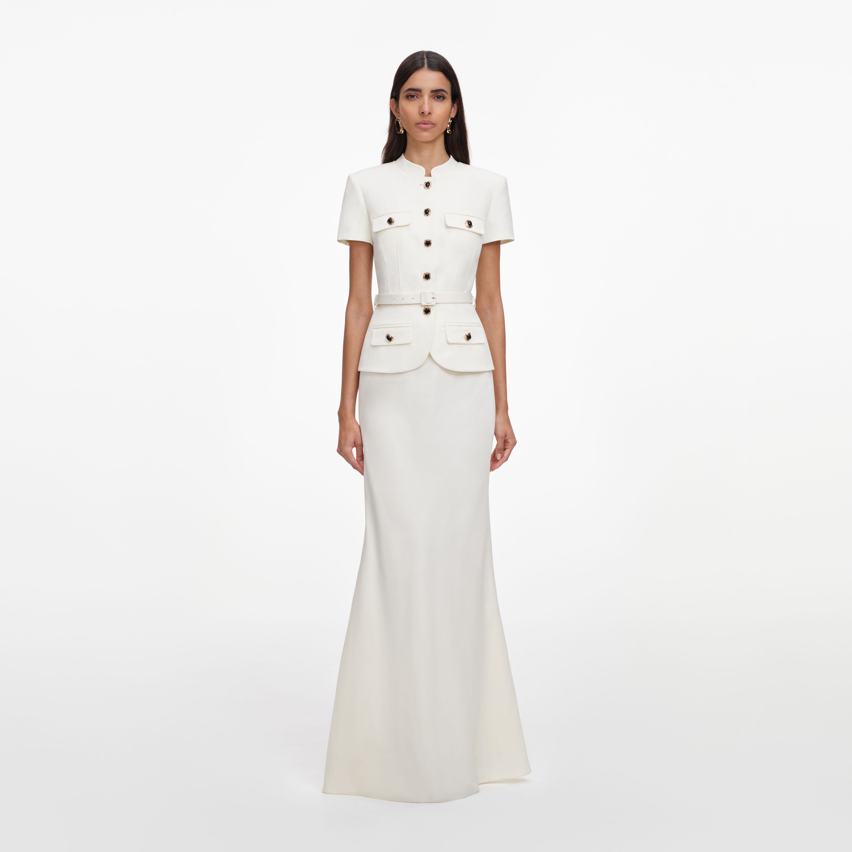 Self Portrait Linen Peplum Maxi Kleid Cream Leinen