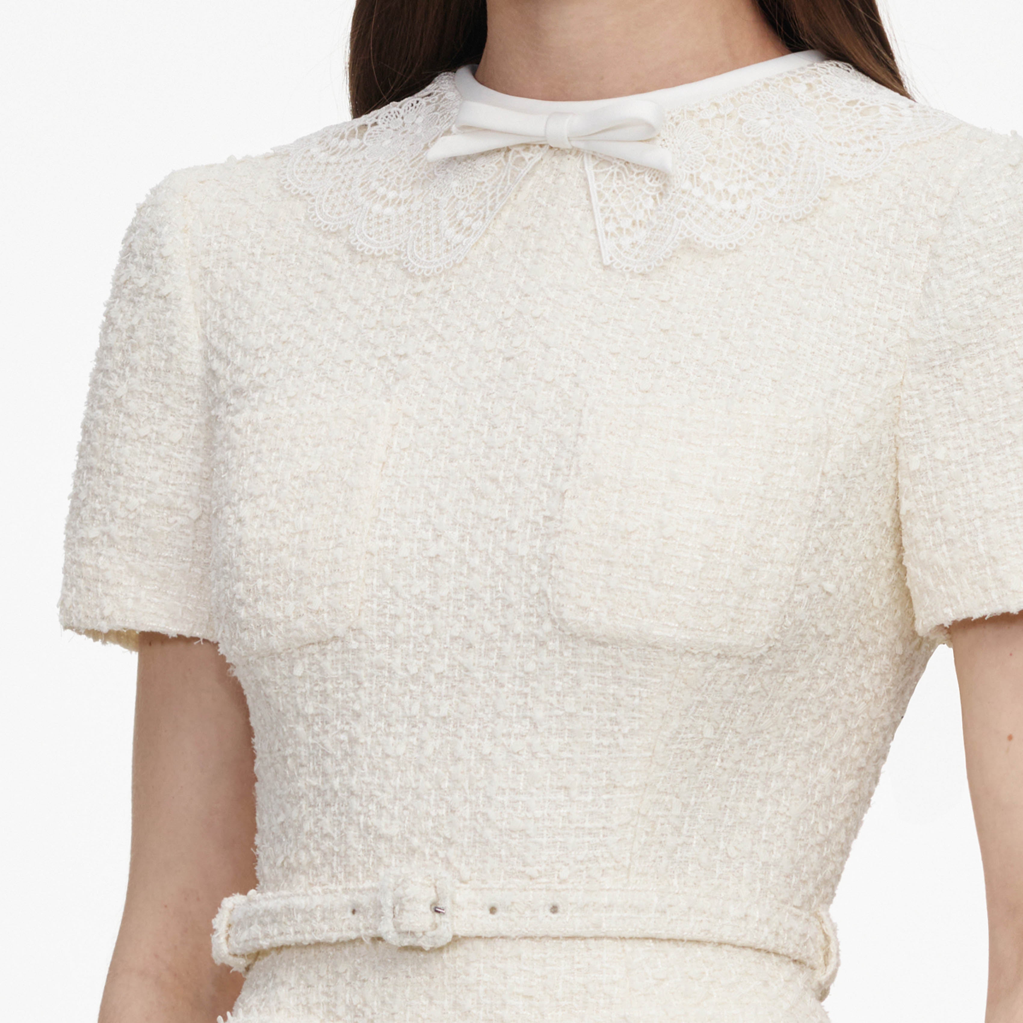 Self Portrait Cream Boucle Taffeta Midi Kleid Creme