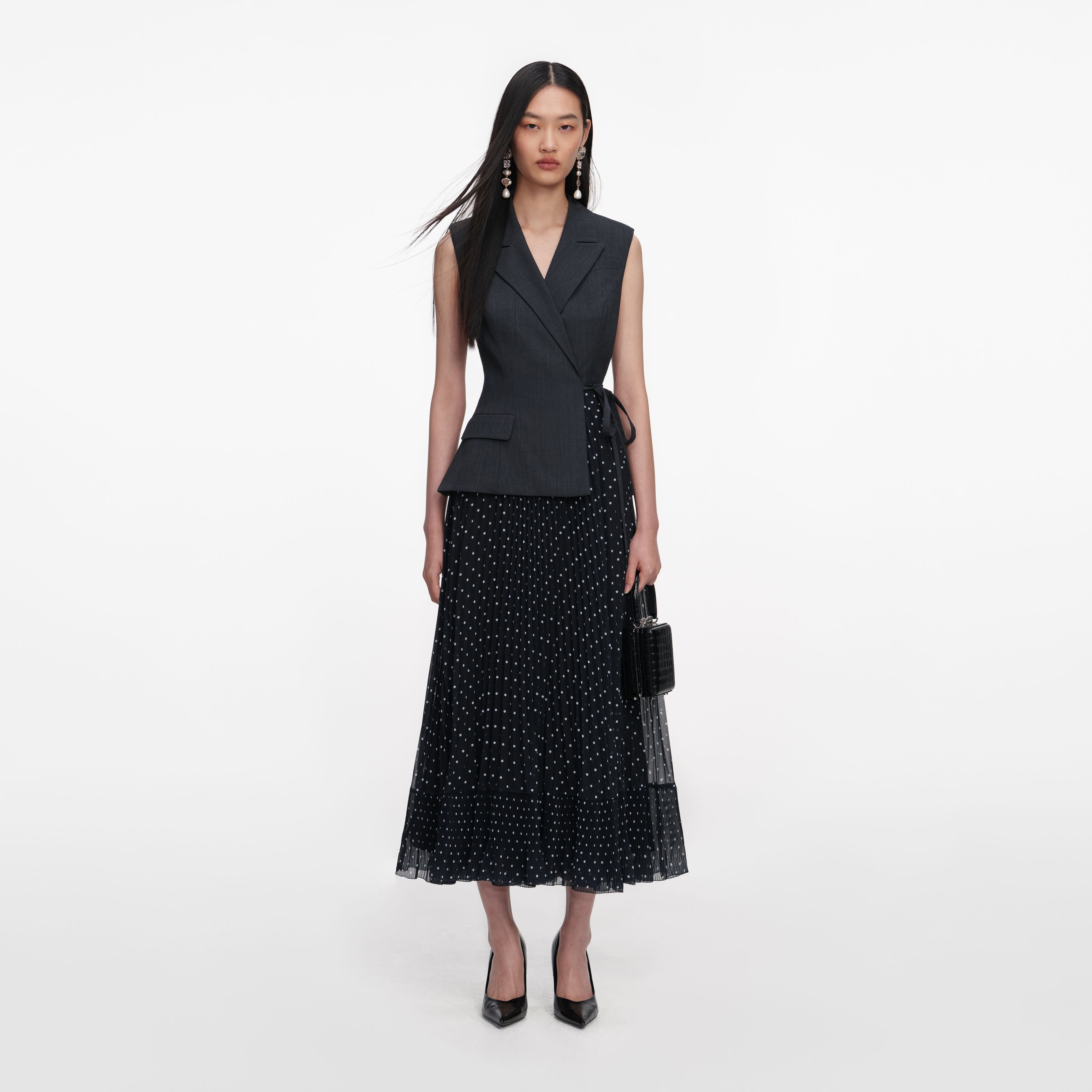 Self Portrait Graues Polka Dot Midikleid Wolle Tailored