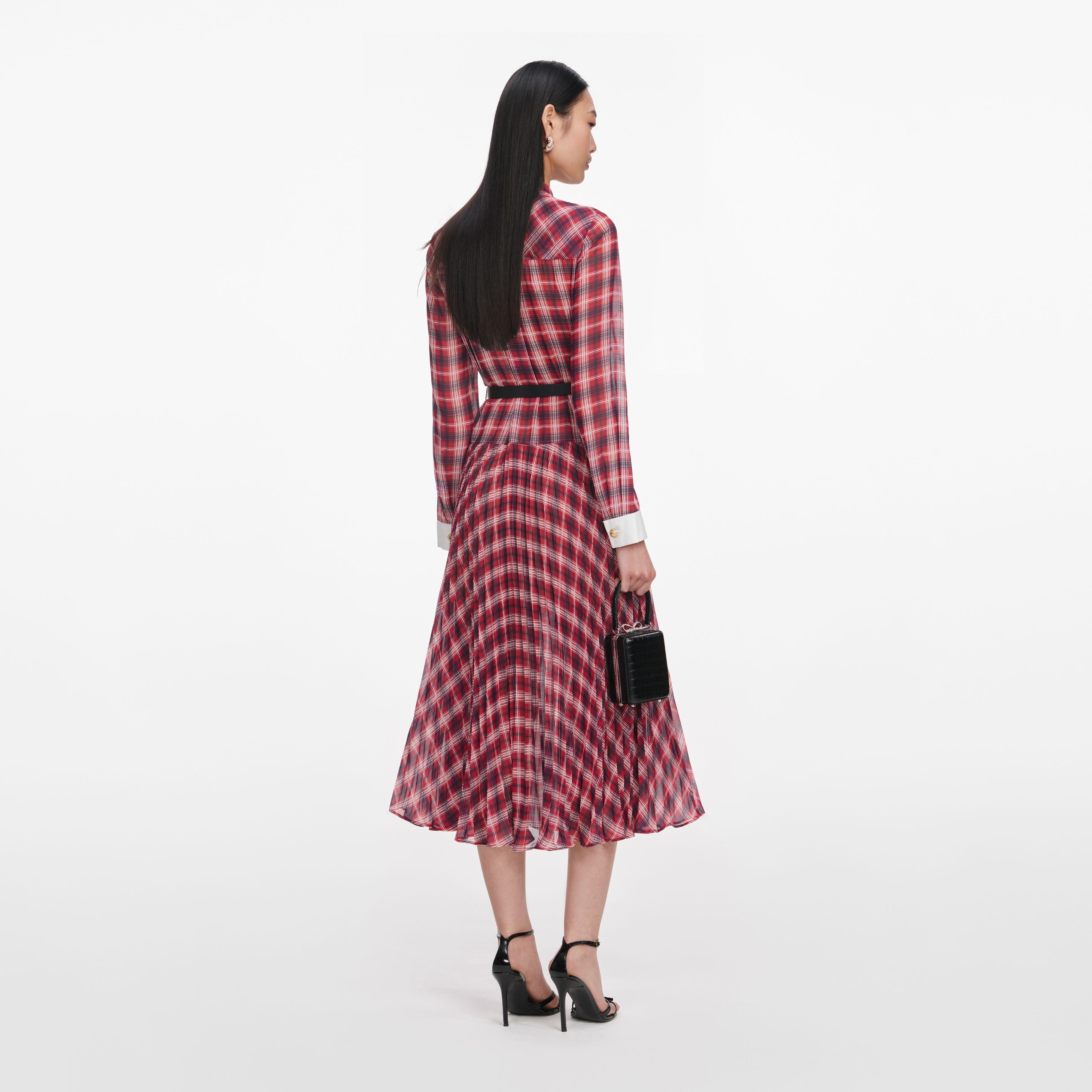 Self Portrait Burgundy Check Chiffon Midi Kleid Karo