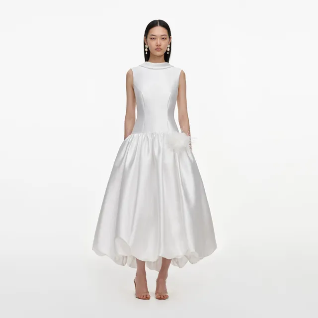 Self Portrait White Taffeta Bubble Hem Midi Kleid Weiß
