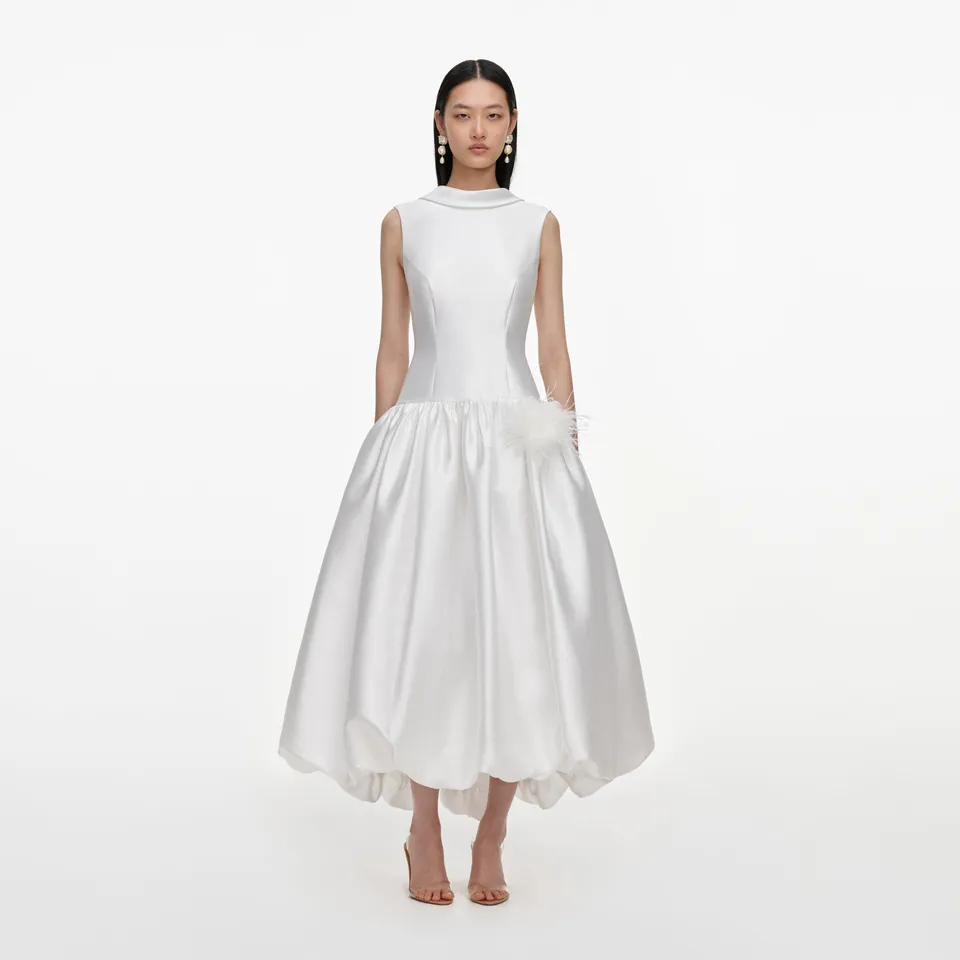 Self Portrait White Taffeta Bubble Hem Midi Kleid Weiß