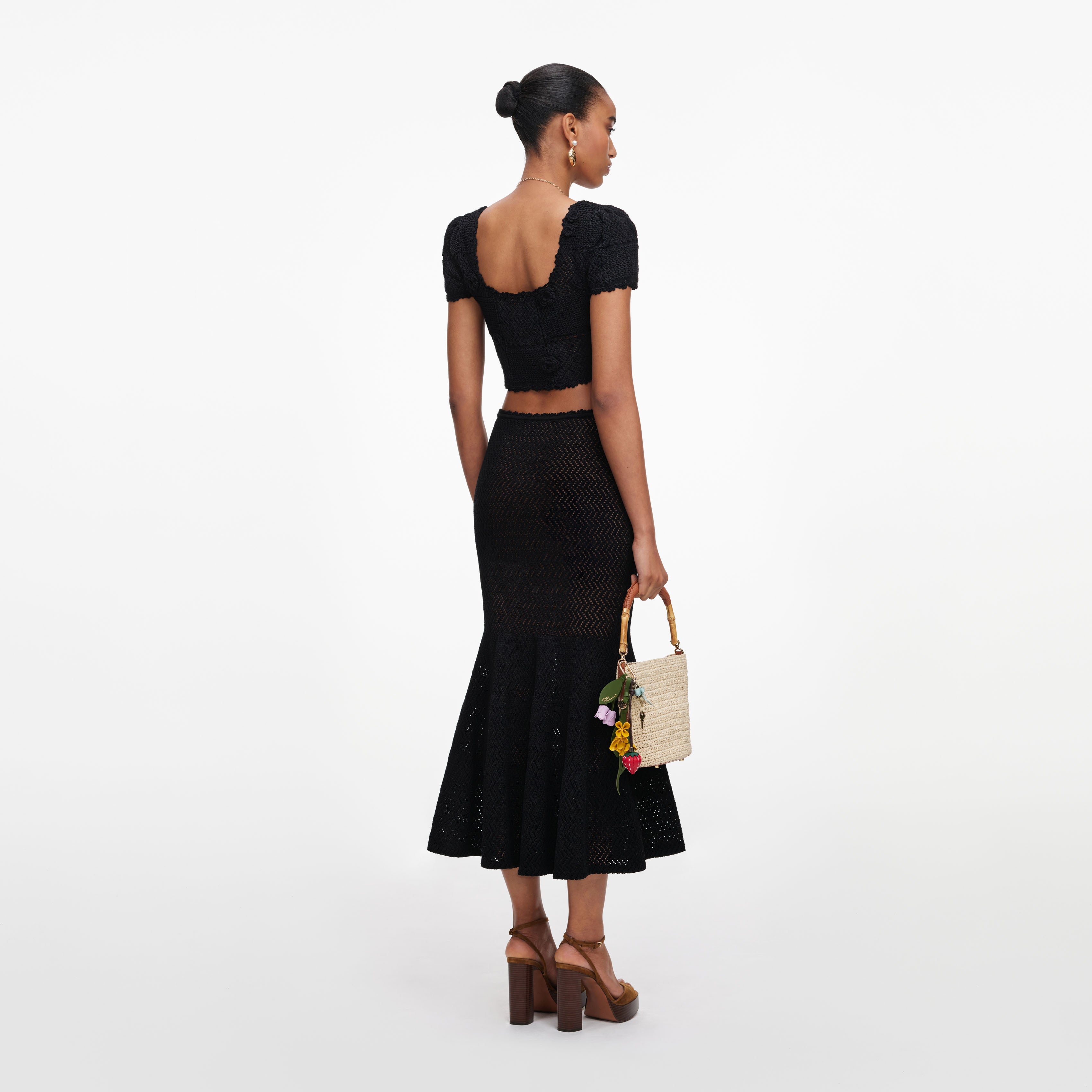 Self Portrait Black Crochet Knit Midi Skirt Strickrock schwarz