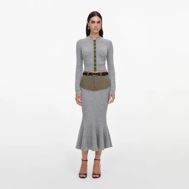 Self Portrait Denim Grey Knit Khaki Denim Insert Midi Rock mit Gürtel