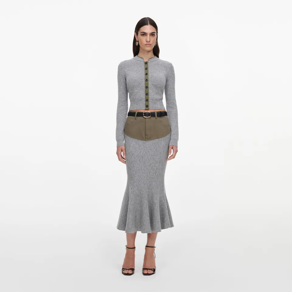 Self Portrait Denim Grey Knit Khaki Denim Insert Midi Rock mit Gürtel