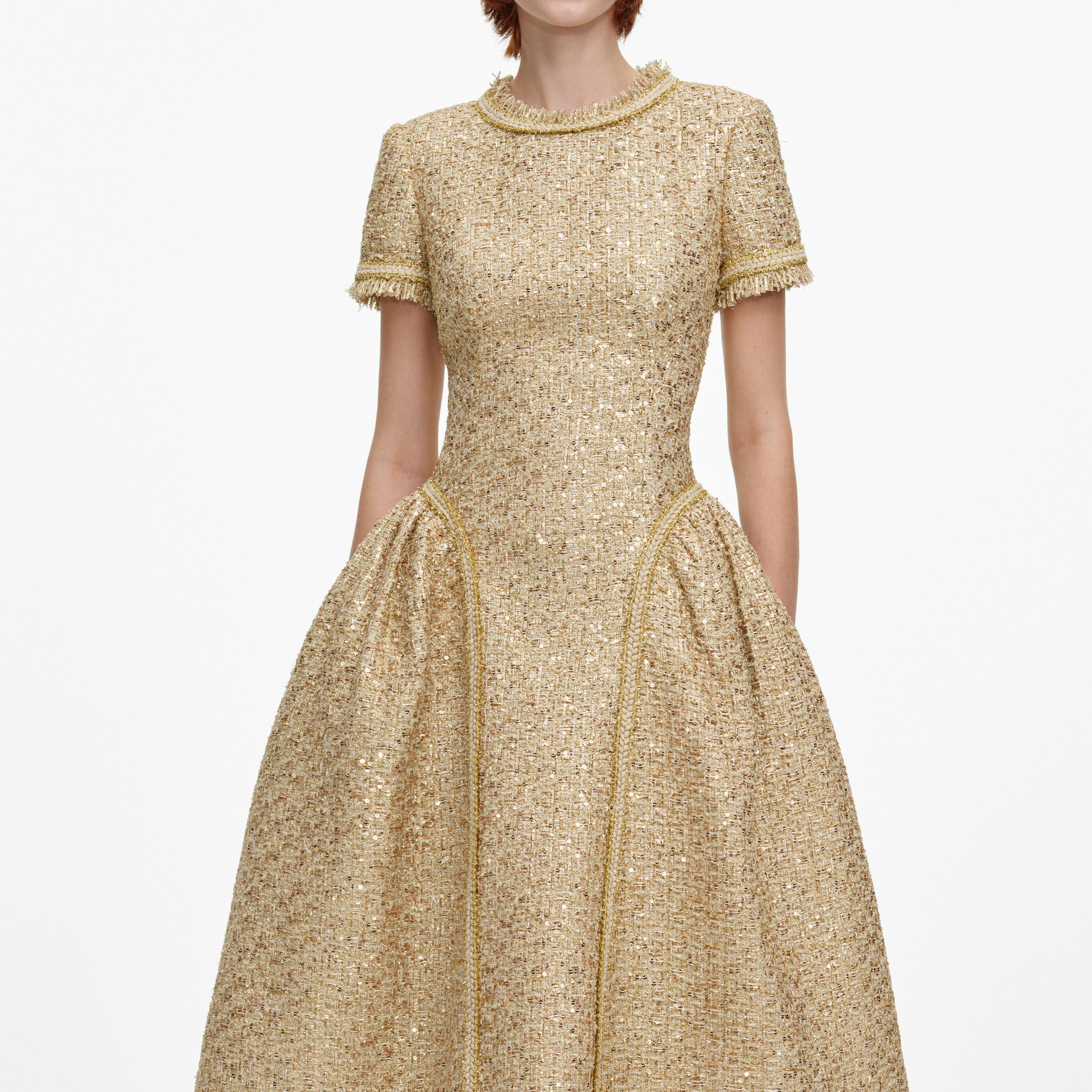 Self Portrait Gold Sequin Boucle Midi Kleid Gold