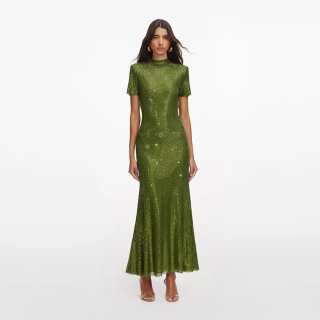 Self Portrait Olive Rhinestone Mesh Midikleid Grün Strass UK 4-16