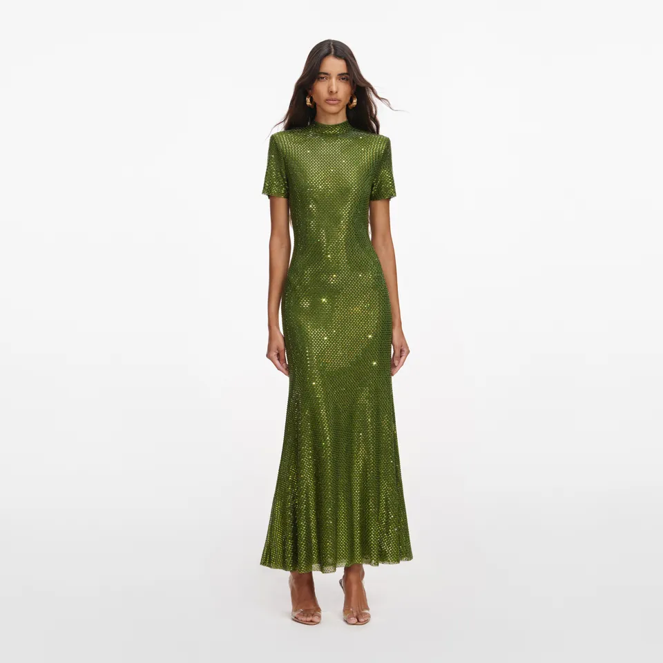 Self Portrait Olive Rhinestone Mesh Midikleid Grün Strass UK 4-16