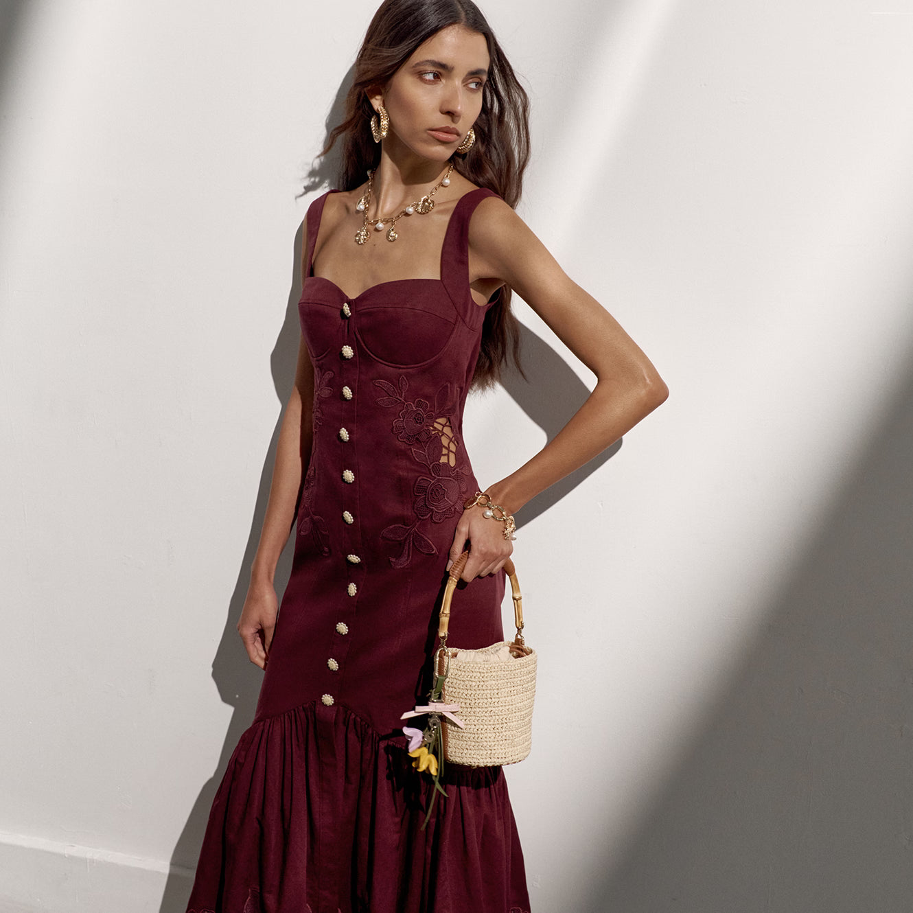 Self Portrait Plum Linen Blend Lace Insert Midi Kleid UK 6