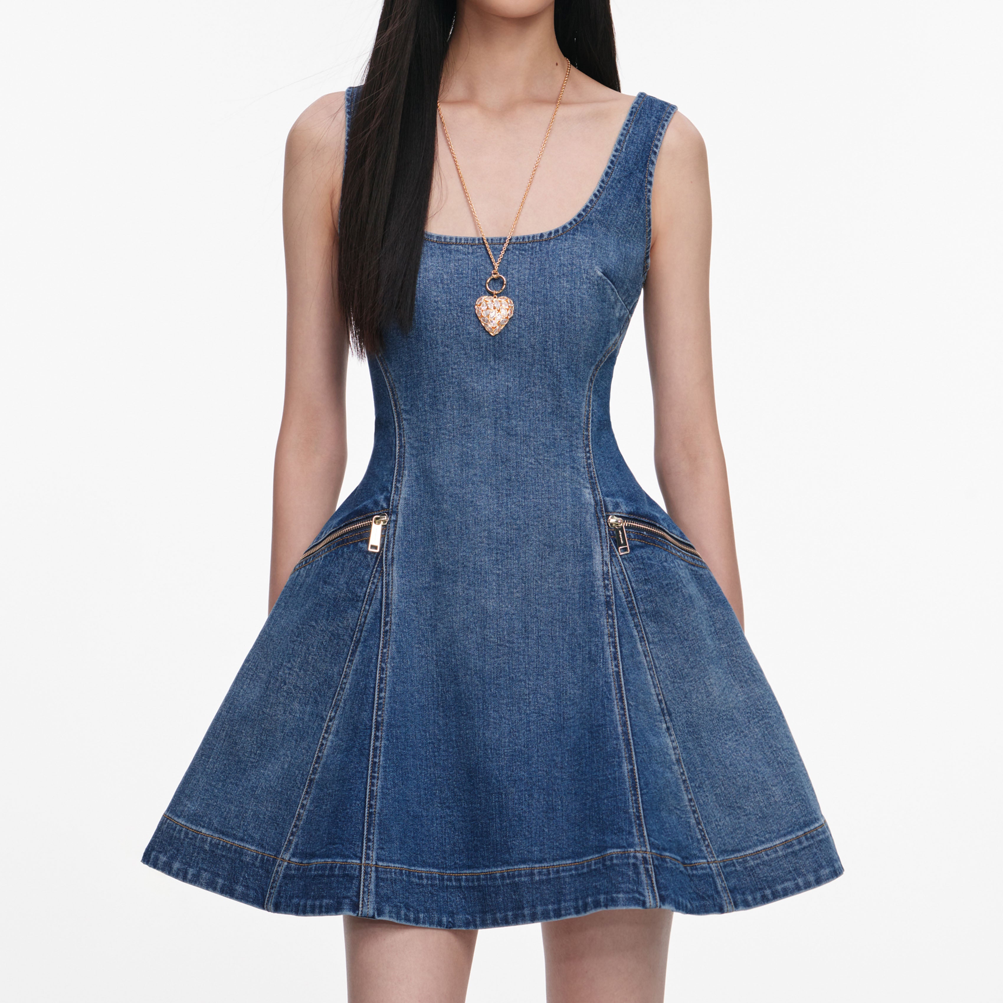 Self Portrait Denim Flared Minikleid Blau UK 8 Stretch