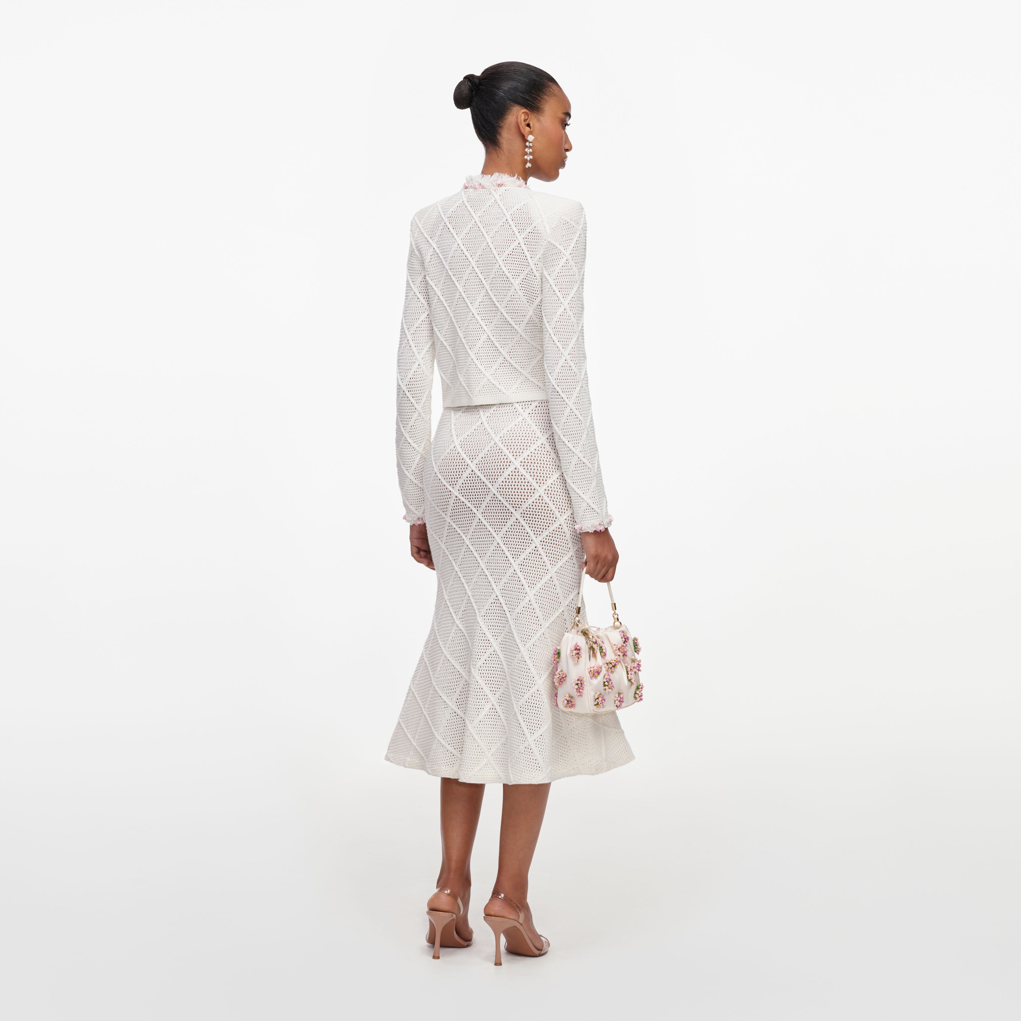 Self Portrait Fringe Knit Midi-Rock Creme Strick