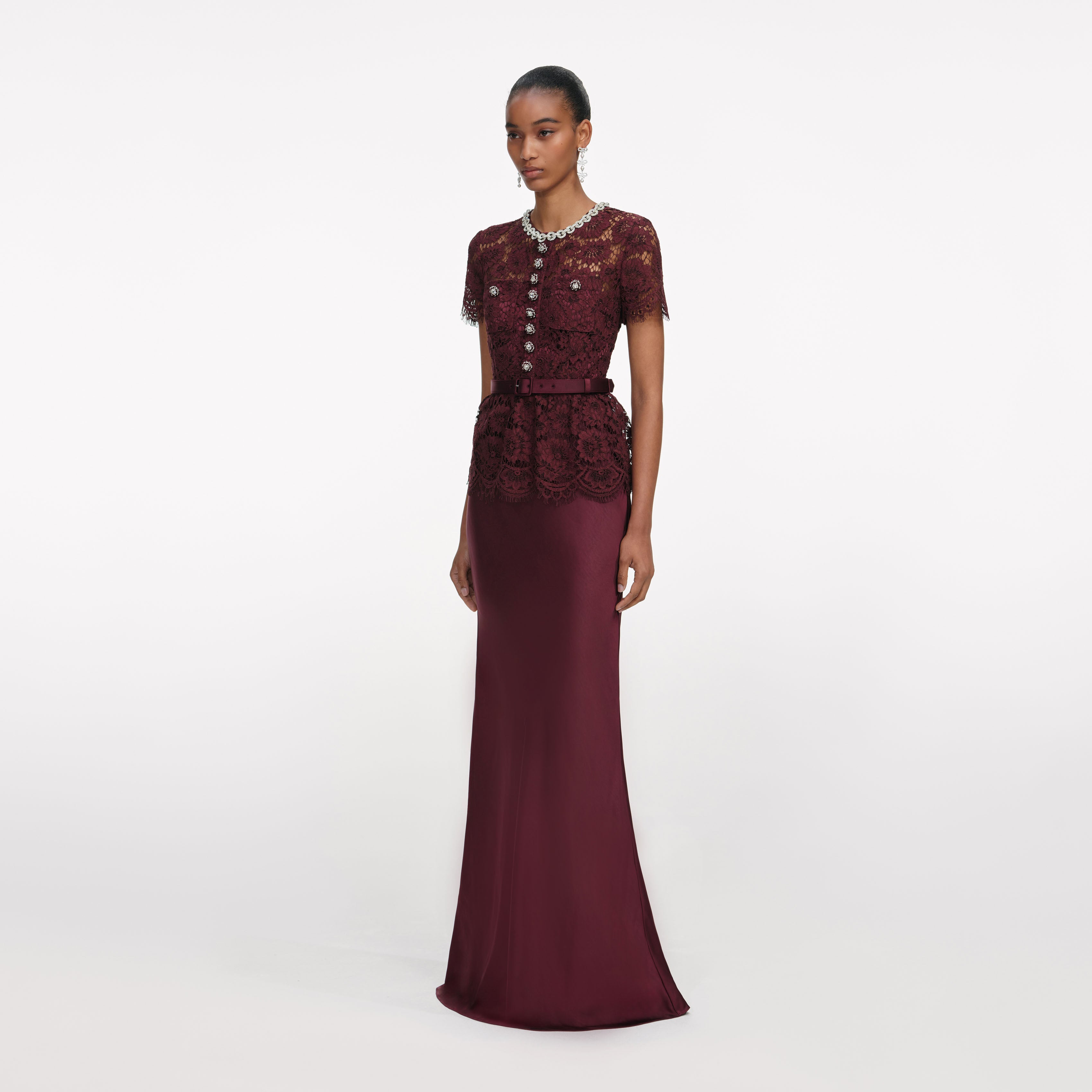 Self Portrait Burgundy Lace Satin Maxi Kleid Burgund UK 8