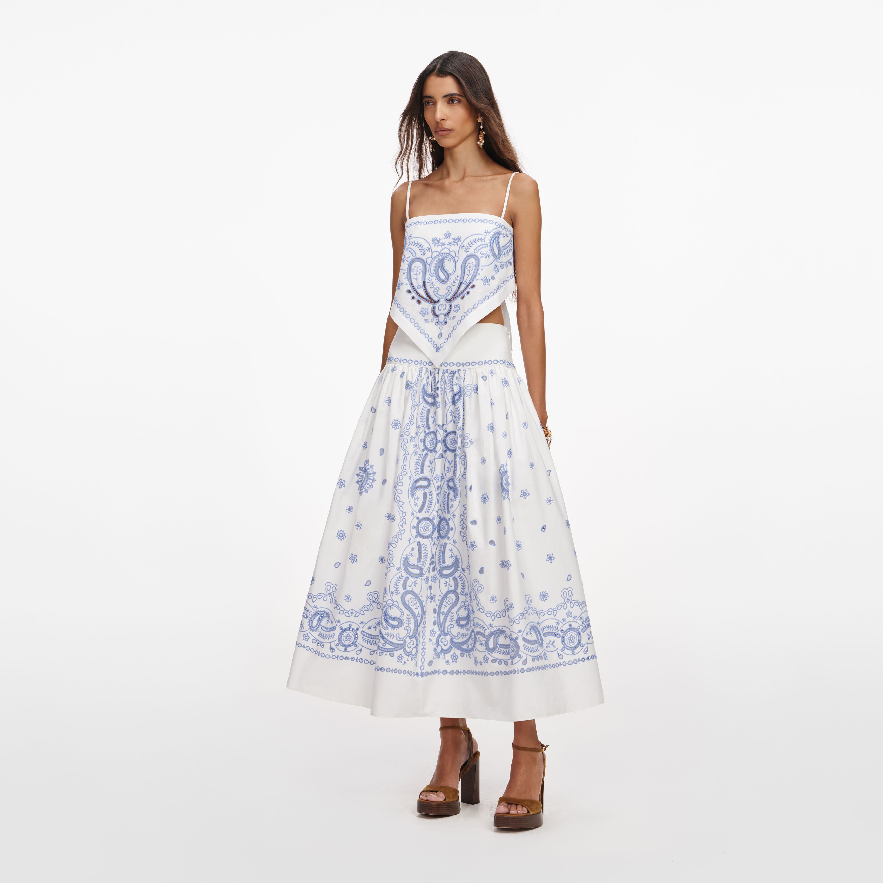 Self Portrait Embroidered Midi Rock Weiß Blau Leinen