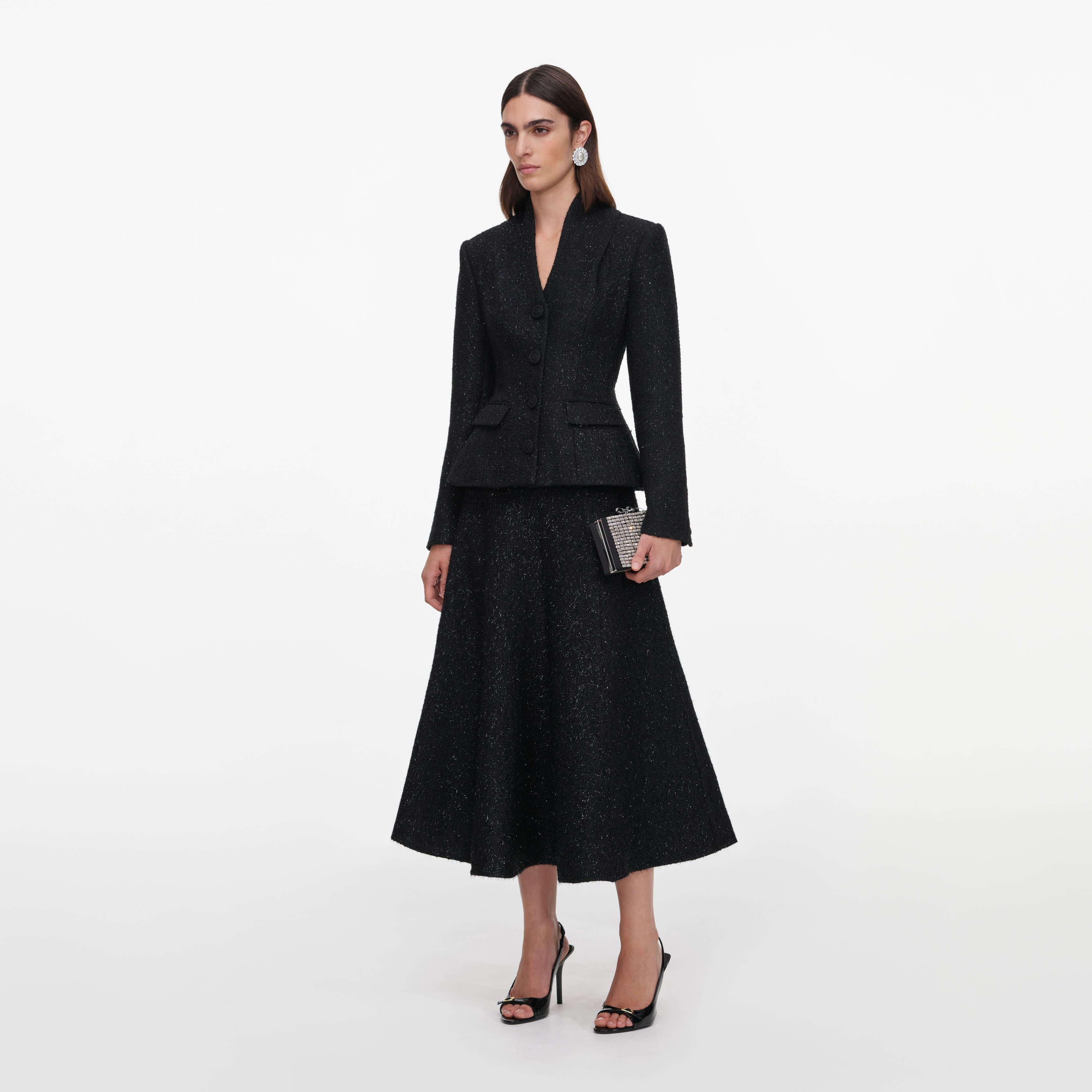 Self Portrait Black Boucle Midikleid Schwarz Metallic Taschen