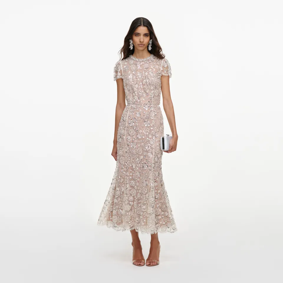 Self Portrait Cream Sequin Midi Kleid Creme Pailletten