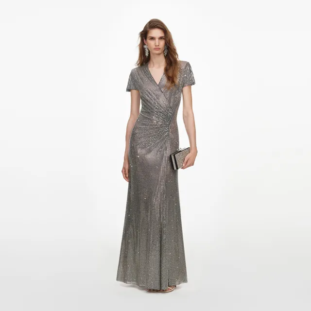 Self Portrait Grey Rhinestone Mesh Wrap Maxi Kleid Grau UK 4