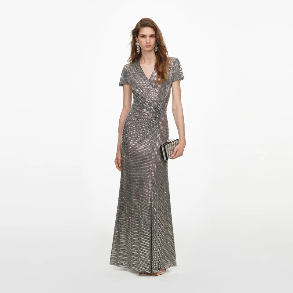 Self Portrait Grey Rhinestone Mesh Wrap Maxi Kleid Grau UK 4