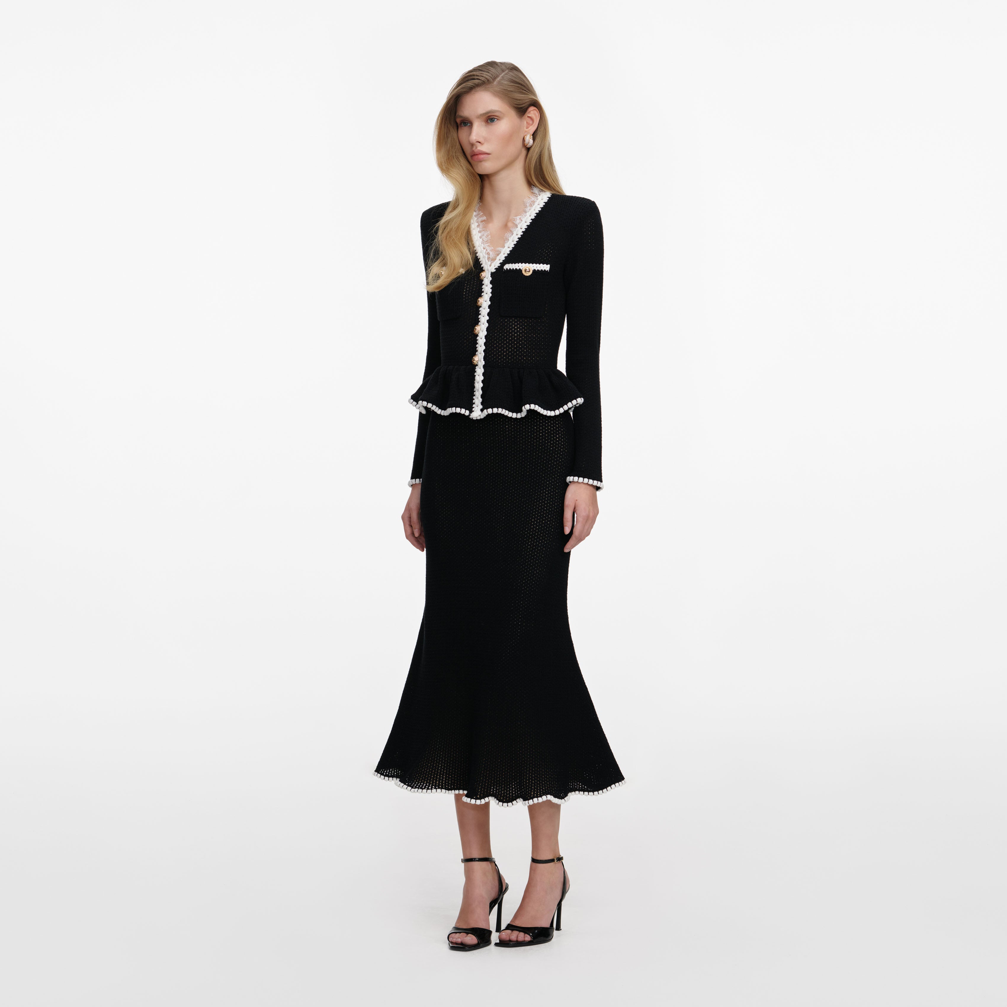 Self Portrait Strick Midi Kleid Schwarz Peplum Spitze
