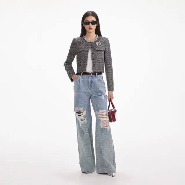Self Portrait Rhinestone Ombre Distressed Jeans Blau Strass