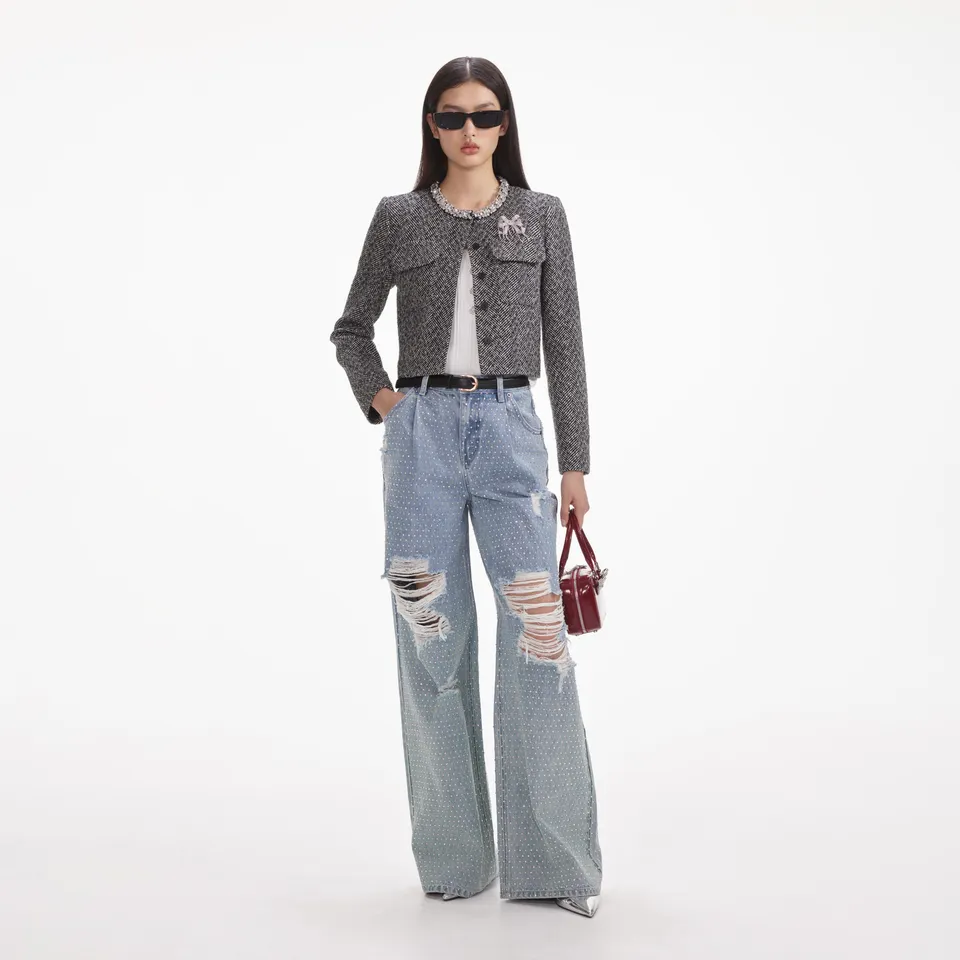 Self Portrait Rhinestone Ombre Distressed Jeans Blau Strass