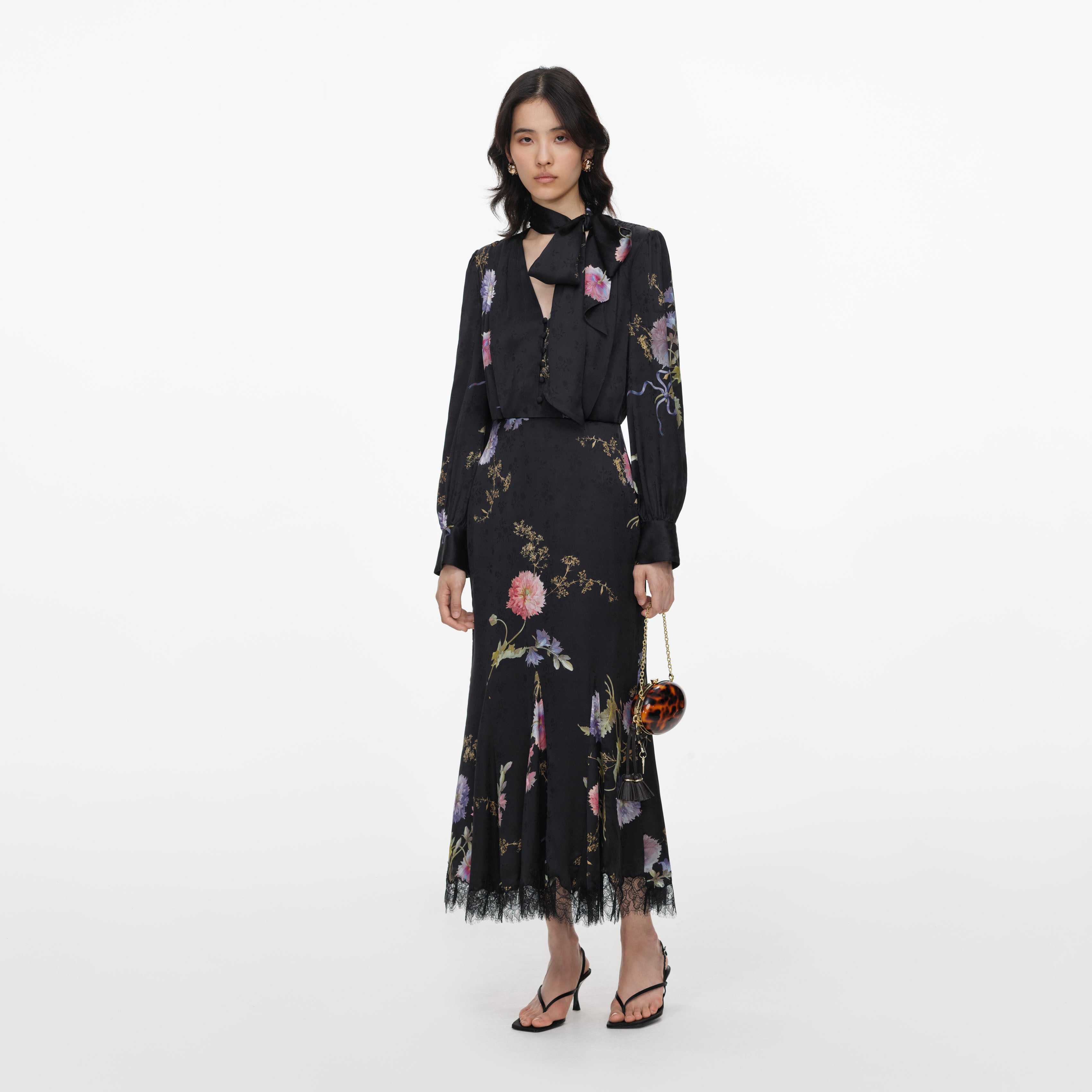 Self Portrait Black Satin Floral Midi Kleid Schwarz Blumen