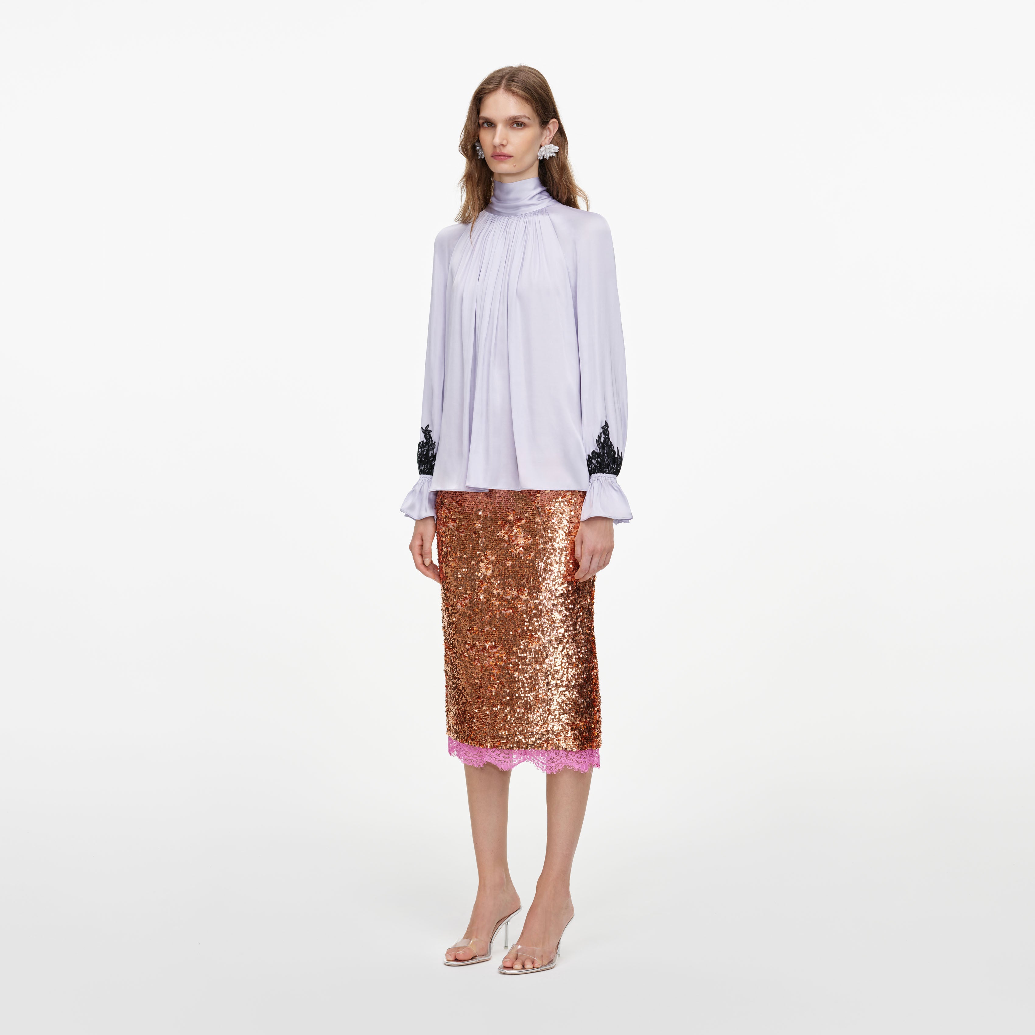 Self Portrait Viskose Bluse Lilac Spitze weiter Schnitt