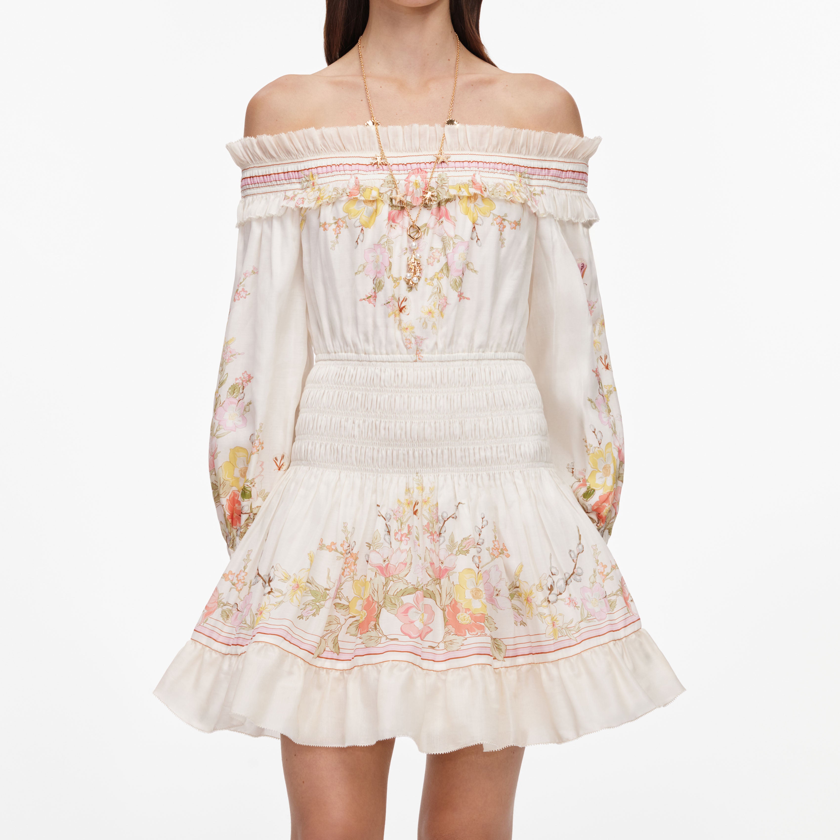 Self Portrait Cream Floral Organza Ruffle Minikleid Creme
