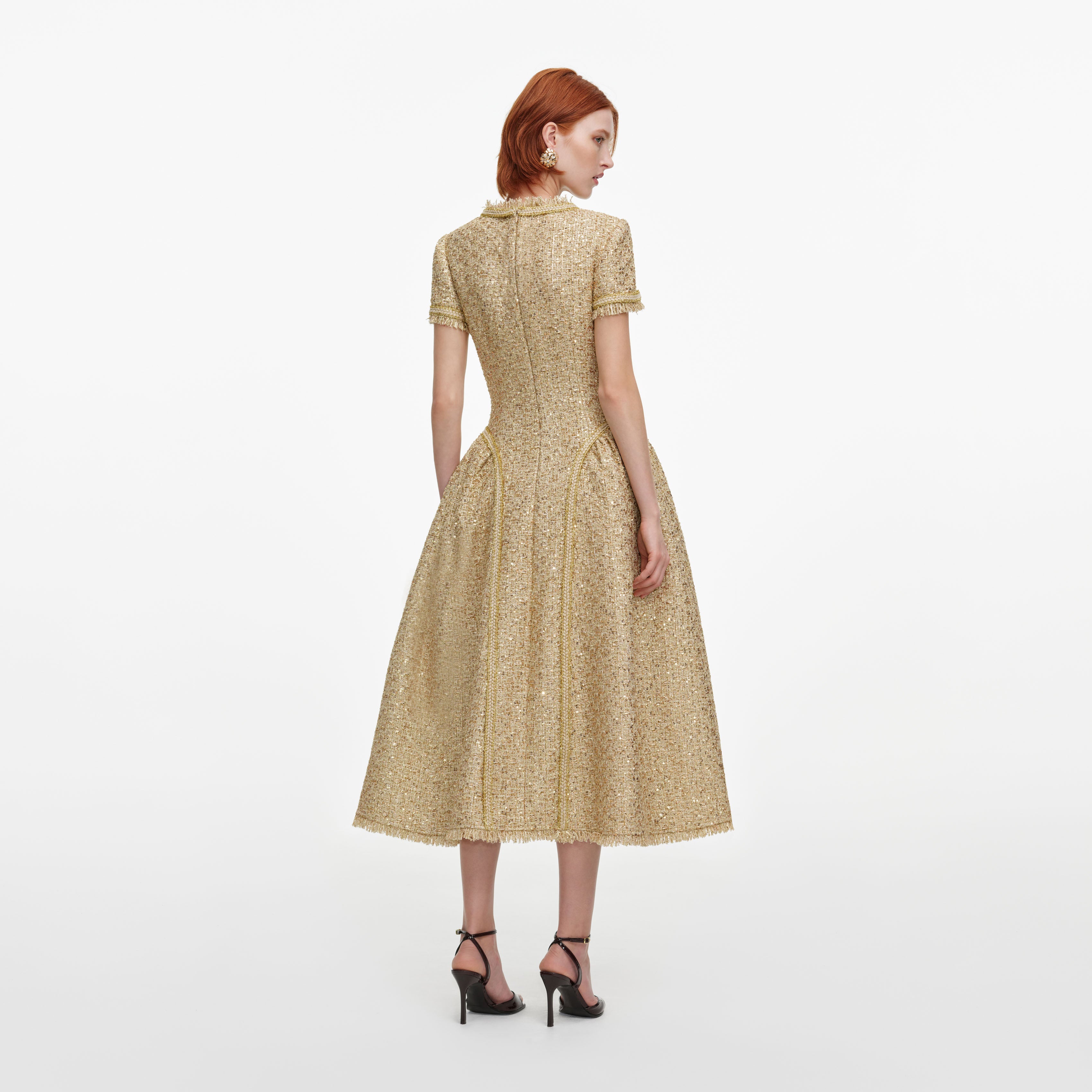 Self Portrait Gold Sequin Boucle Midi Kleid Gold